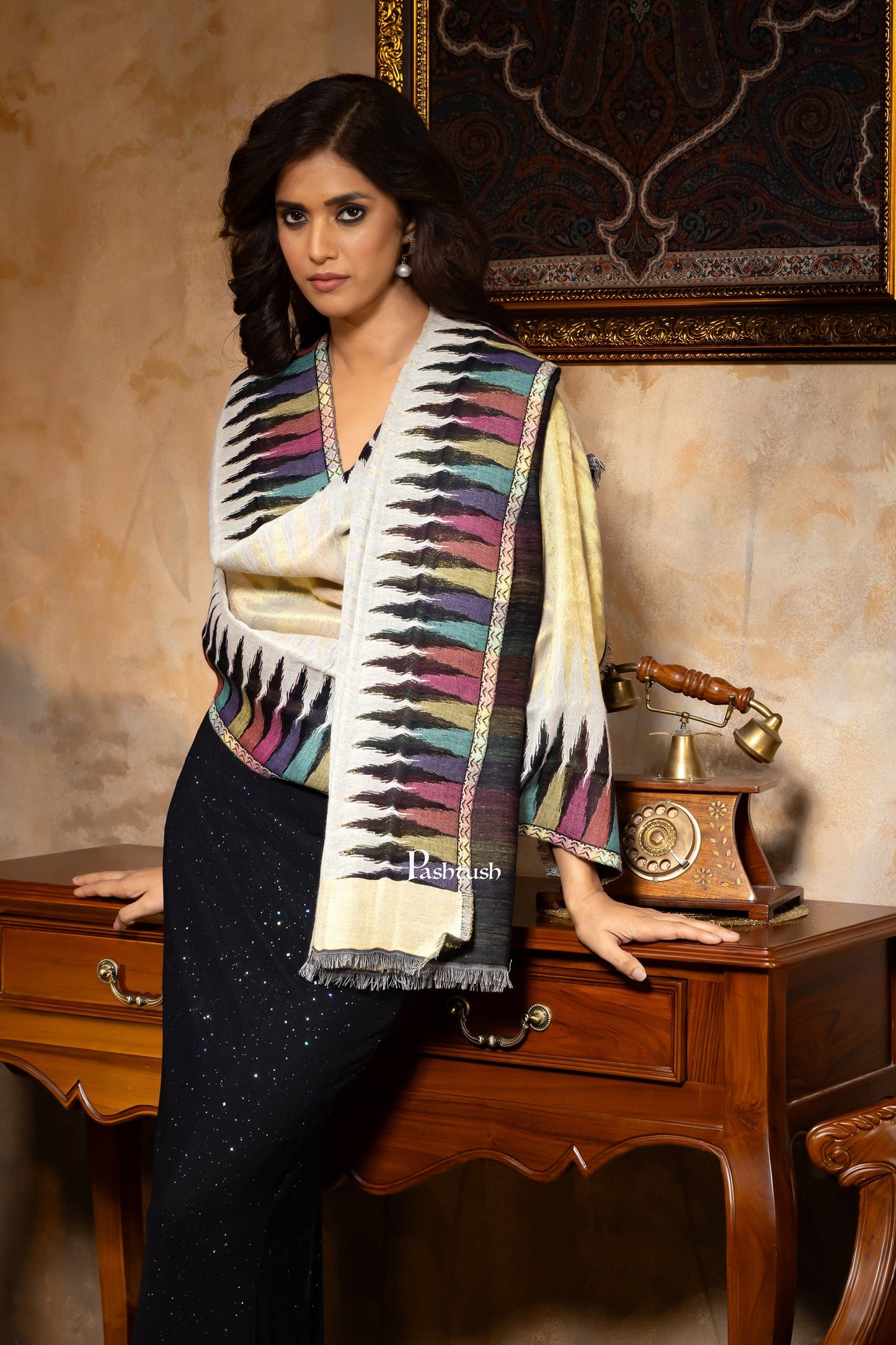Pashtush India womens scarf and Stoles Pashtush Womens Stole, Twilight Collection, Gold Metallic Ikkat Weave, Fine Wool, Multicoloured
