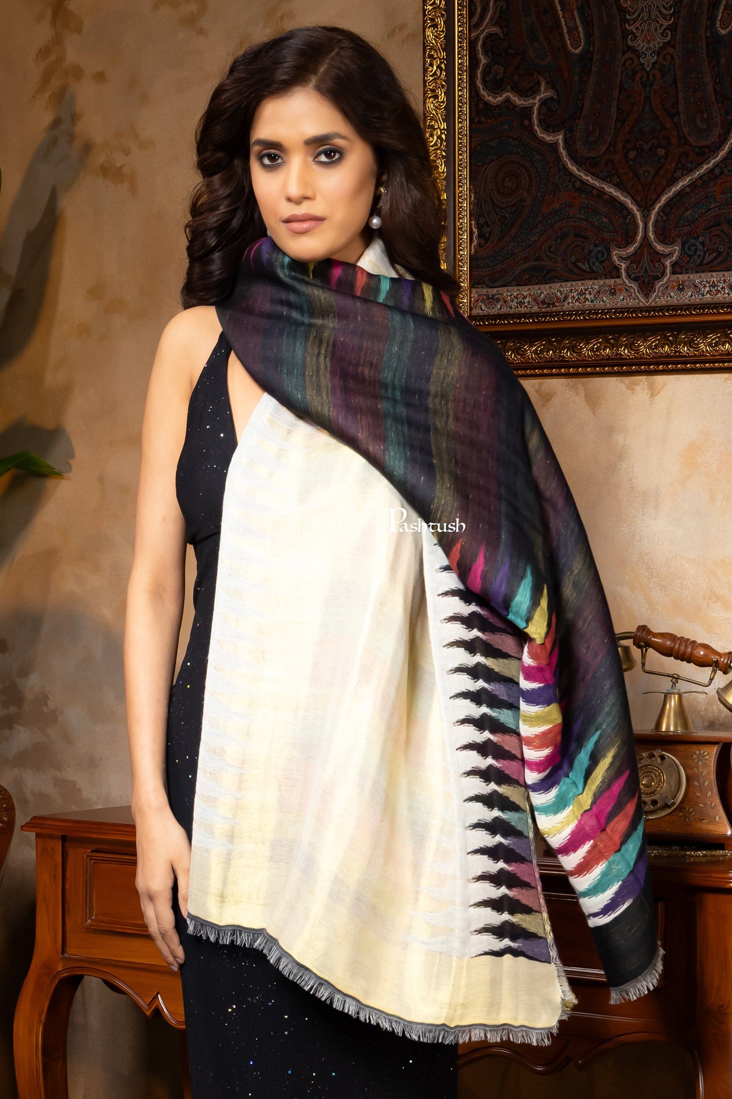 Pashtush India womens scarf and Stoles Pashtush Womens Stole, Twilight Collection, Gold Metallic Ikkat Weave, Fine Wool, Multicoloured
