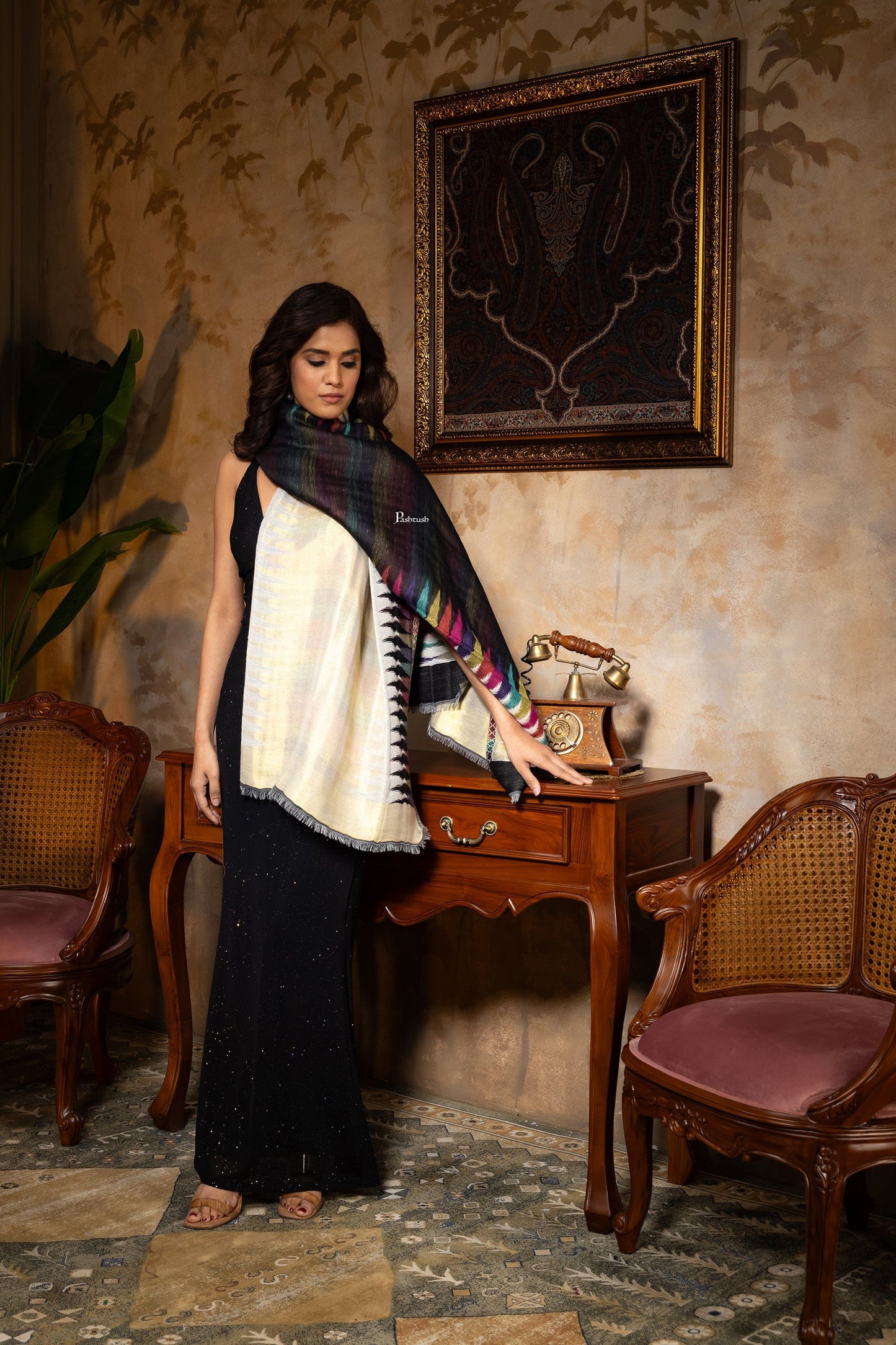 Pashtush India womens scarf and Stoles Pashtush Womens Stole, Twilight Collection, Gold Metallic Ikkat Weave, Fine Wool, Multicoloured