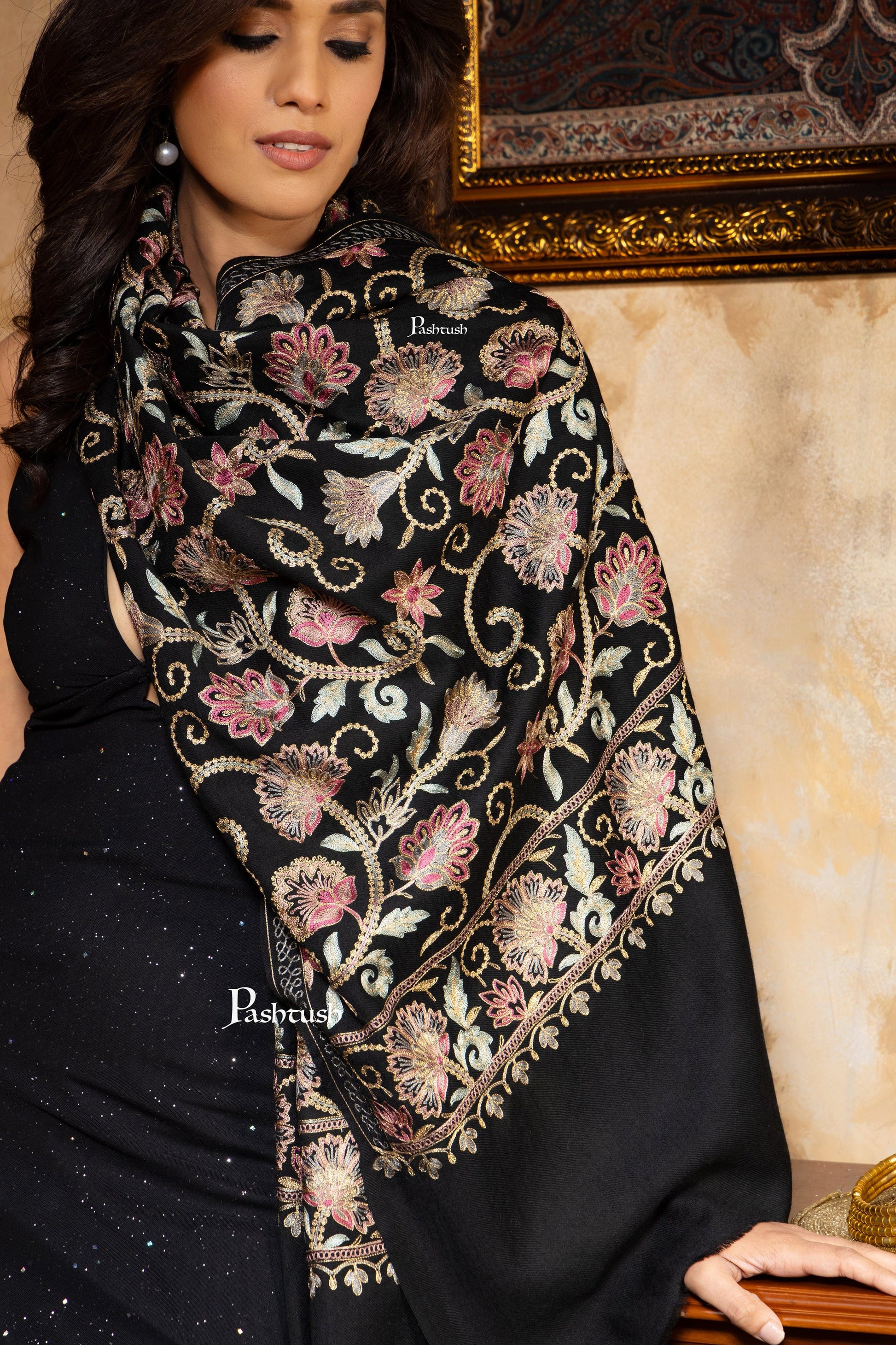 Pashtush India Womens Shawls Pashtush Womens Stole, Twilight Collection, Tilla Nalki Embroidery, Black