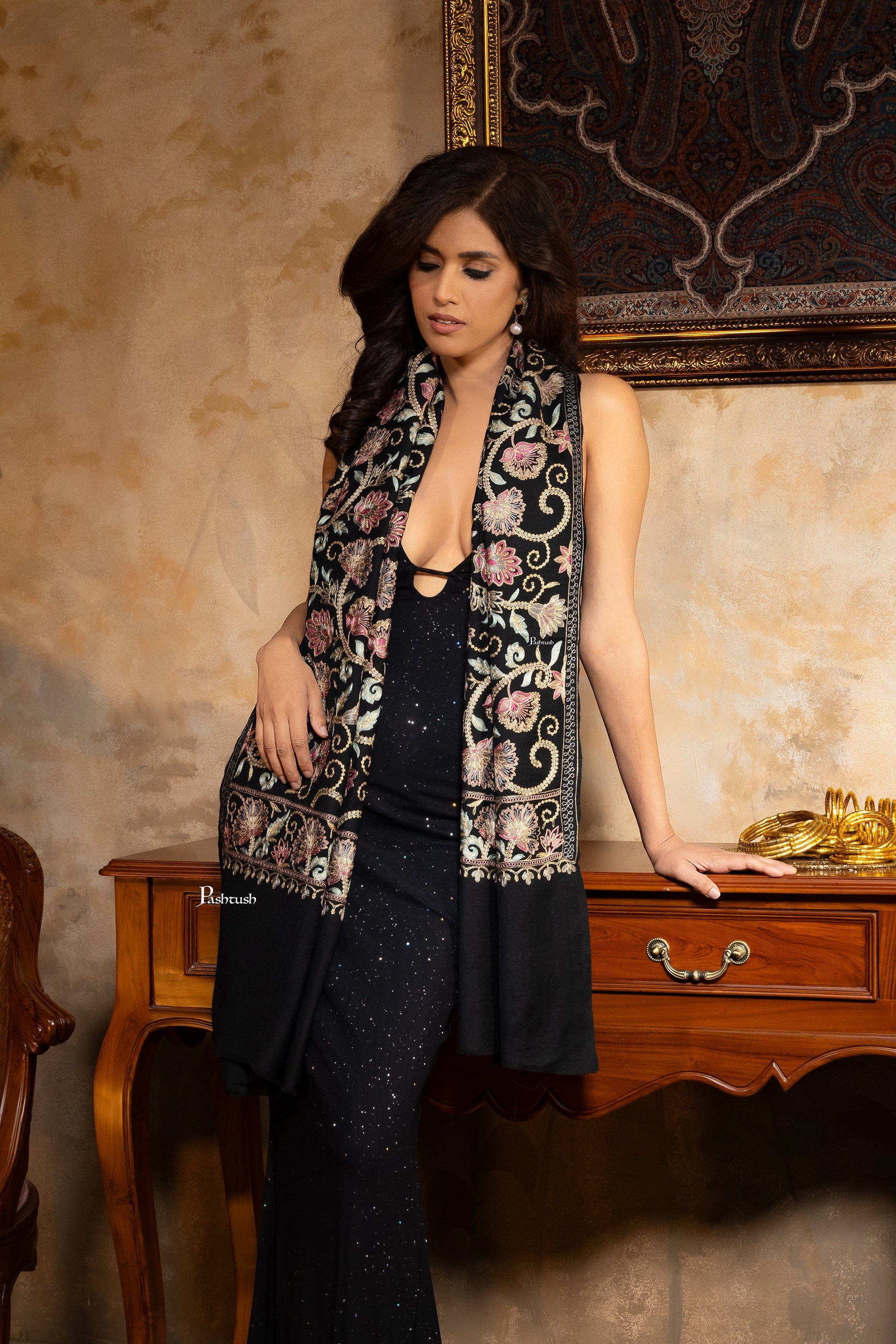 Pashtush India Womens Shawls Pashtush Womens Stole, Twilight Collection, Tilla Nalki Embroidery, Black