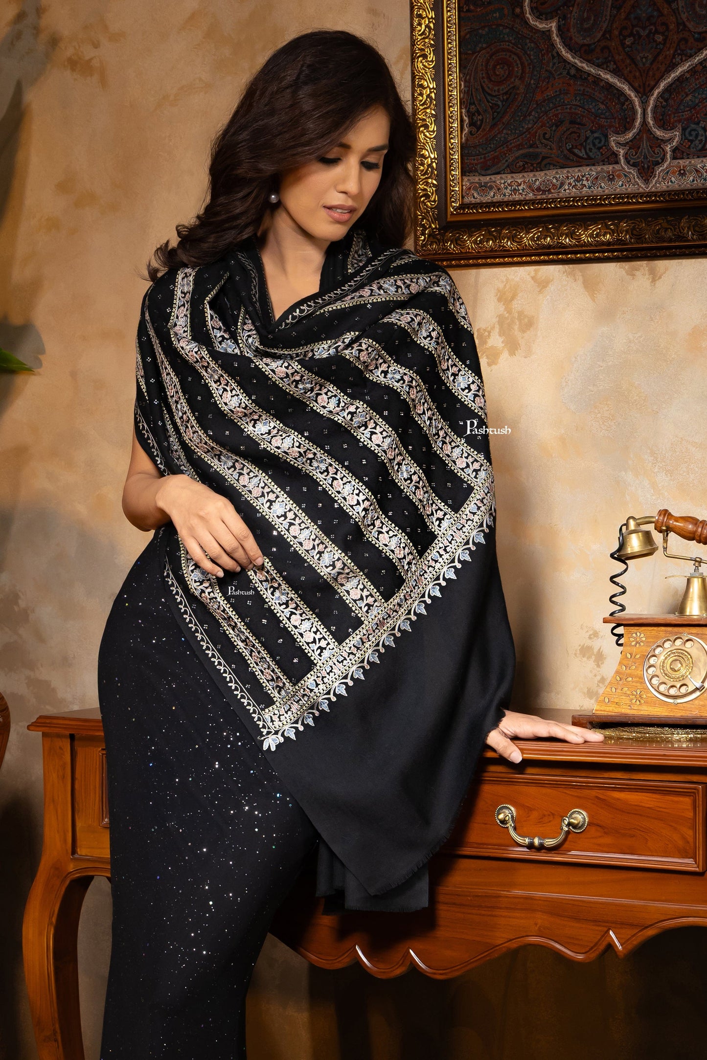Pashtush India Womens Shawls Pashtush Womens Stole, Twilight Collection, Wool Silk Nalki Embroidery, Black