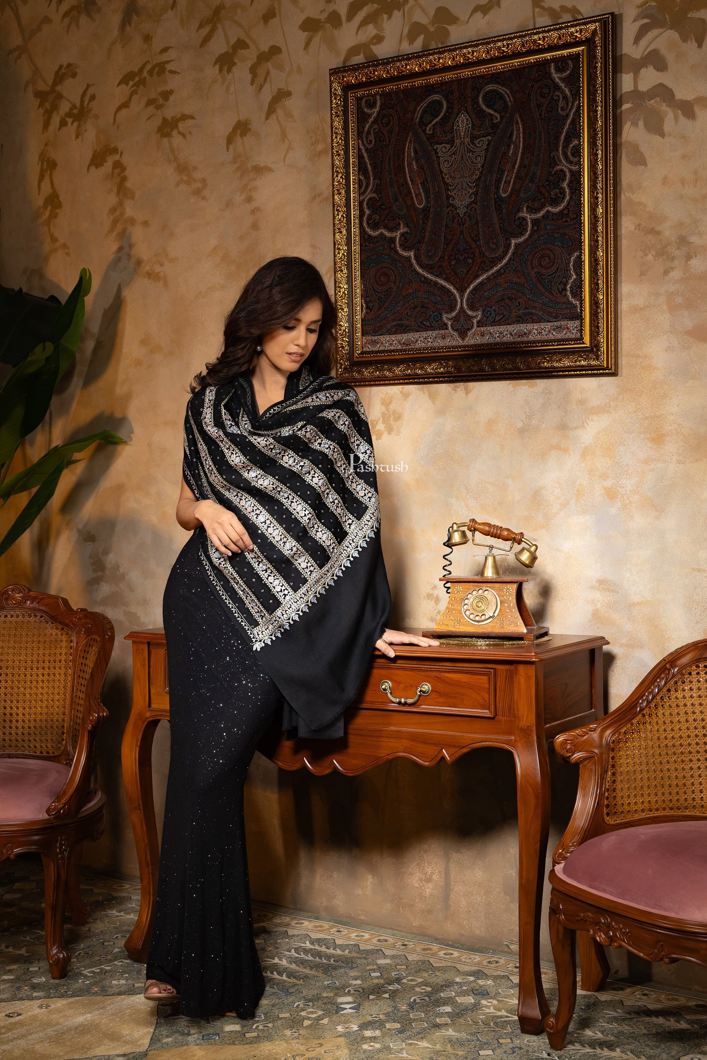 Pashtush India Womens Shawls Pashtush Womens Stole, Twilight Collection, Wool Silk Nalki Embroidery, Black