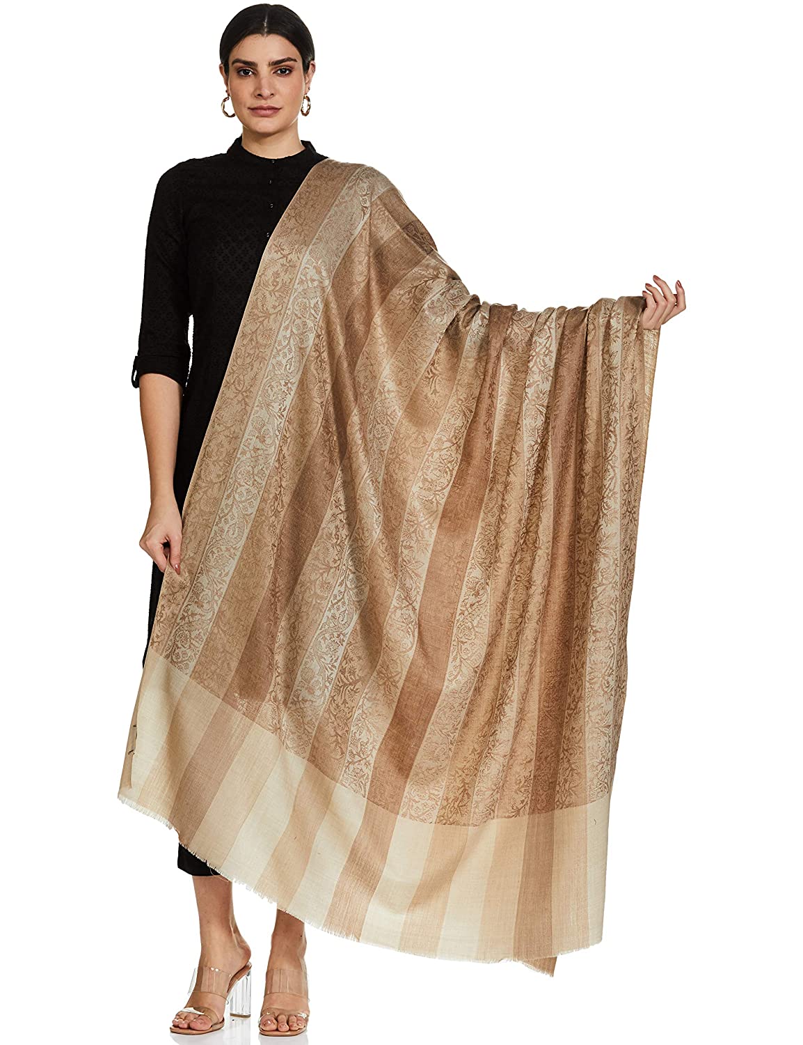 Pashtush India 114x228 Pashtush Womens Striped Paisley, Self Shawl, in Extra Soft Fine Wool, Large Wrap Size