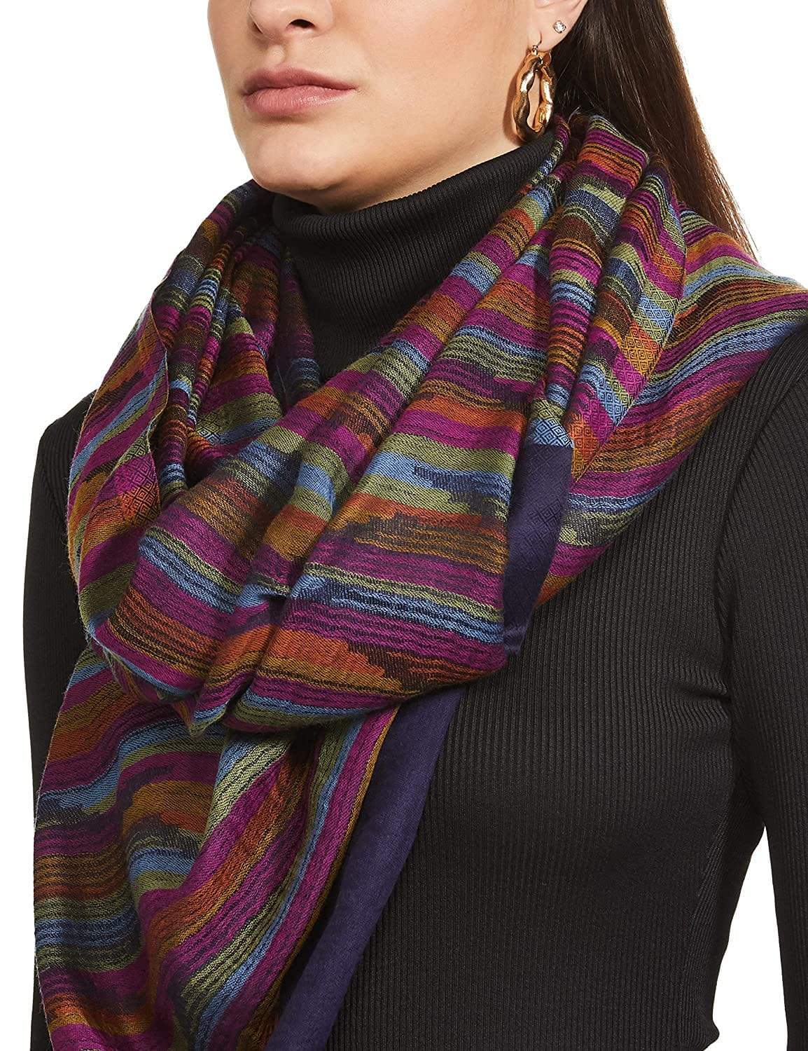 Pashtush India 70x200 Pashtush Womens Striped Reversible Stole, 100% Pure Wool With Woolmark Certification