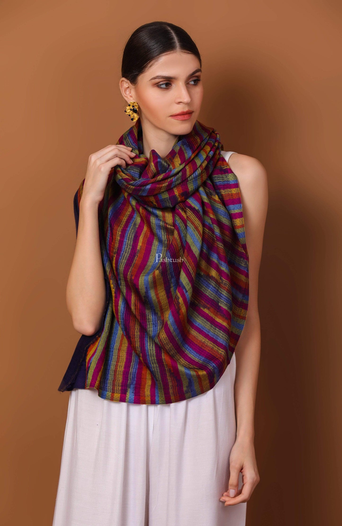 Pashtush India 70x200 Pashtush Womens Striped Reversible Stole, 100% Pure Wool With Woolmark Certification