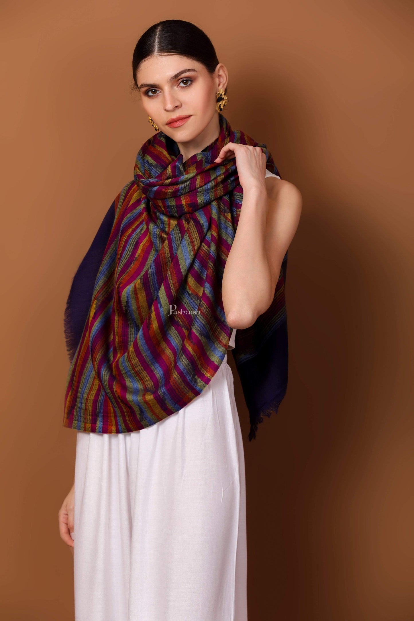 Pashtush India 70x200 Pashtush Womens Striped Reversible Stole, 100% Pure Wool With Woolmark Certification