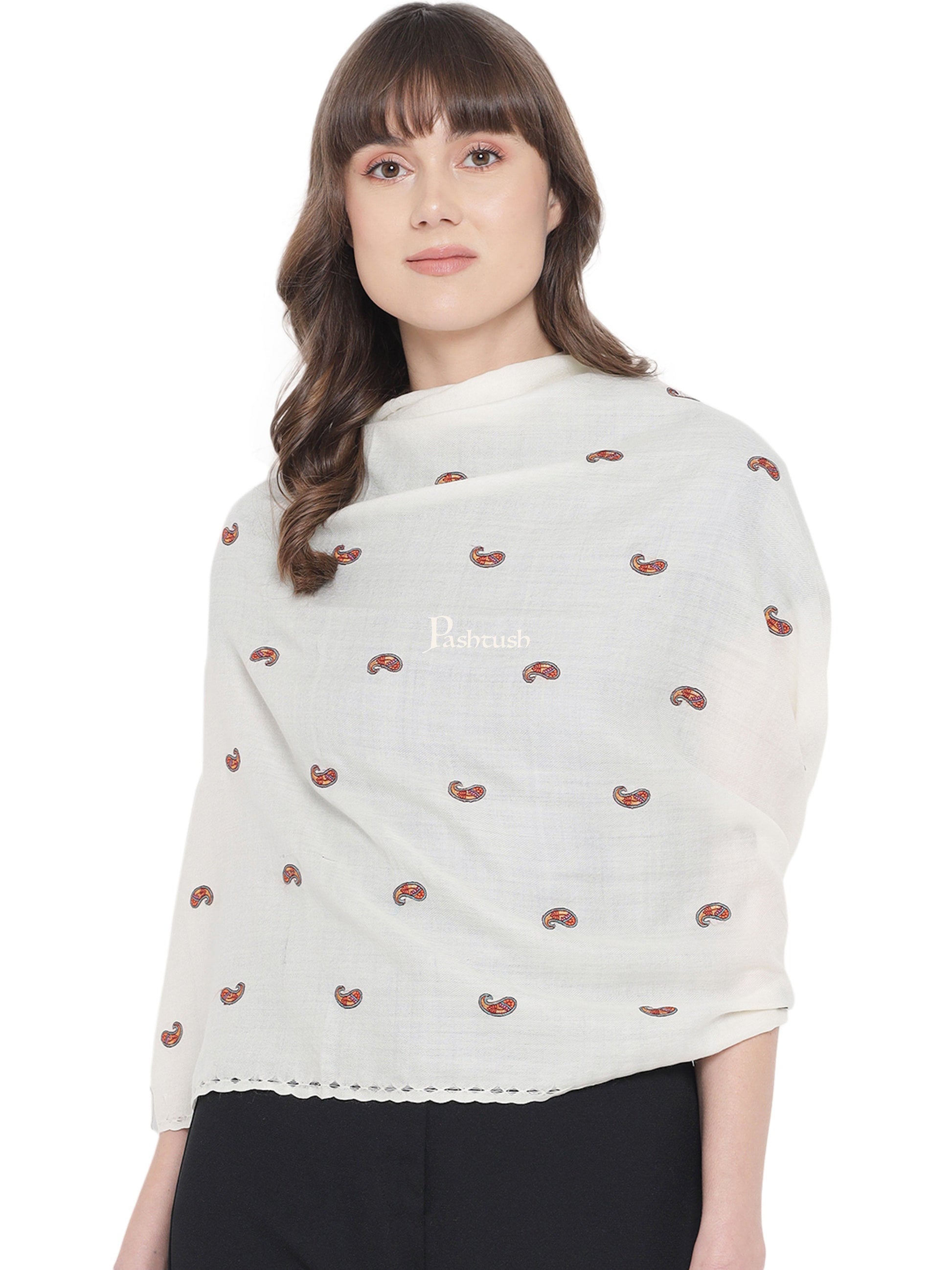 Pashtush India Womens Stoles and Scarves Scarf Pashtush Womens Tarkashi Embroidery, Handmade, Delicate, Fine Wool Stole, Ivory