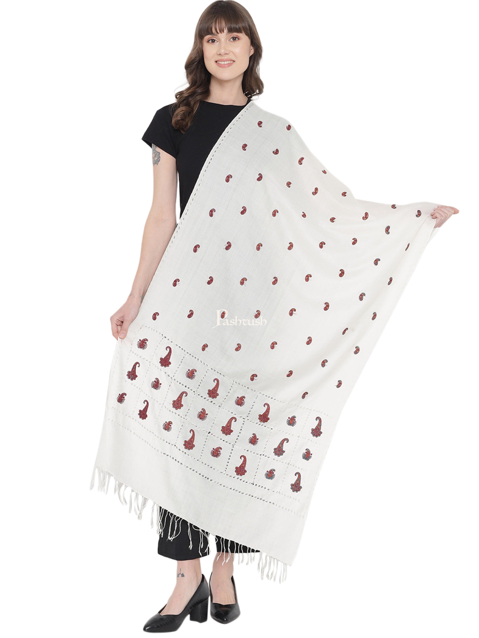 Pashtush India Womens Stoles and Scarves Scarf Pashtush Womens Tarkashi Embroidery, Handmade, Delicate, Fine Wool Stole, Ivory