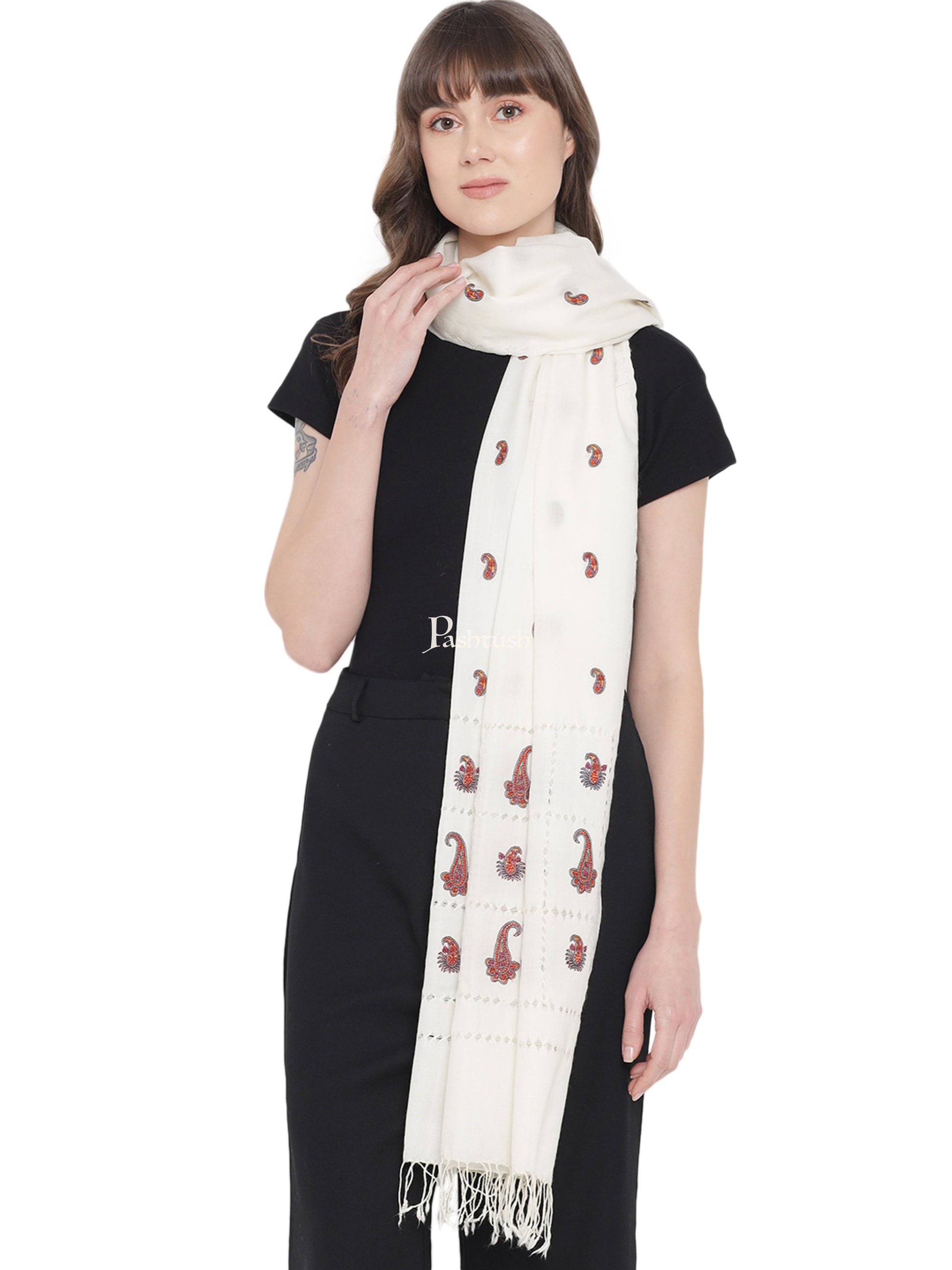 Pashtush India Womens Stoles and Scarves Scarf Pashtush Womens Tarkashi Embroidery, Handmade, Delicate, Fine Wool Stole, Ivory