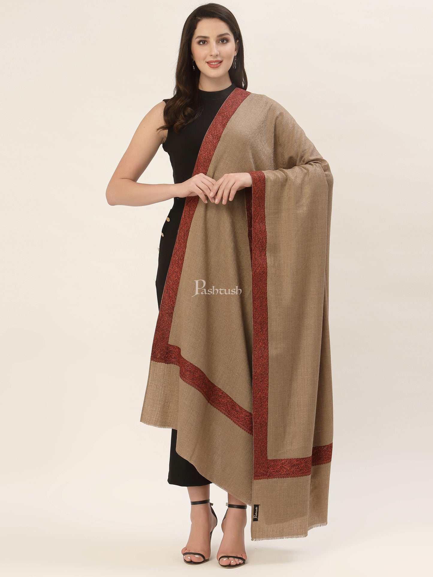 Pashtush India Mens Shawls Gents Shawl Pashtush Womens taupe Embroidery Daur Shawl