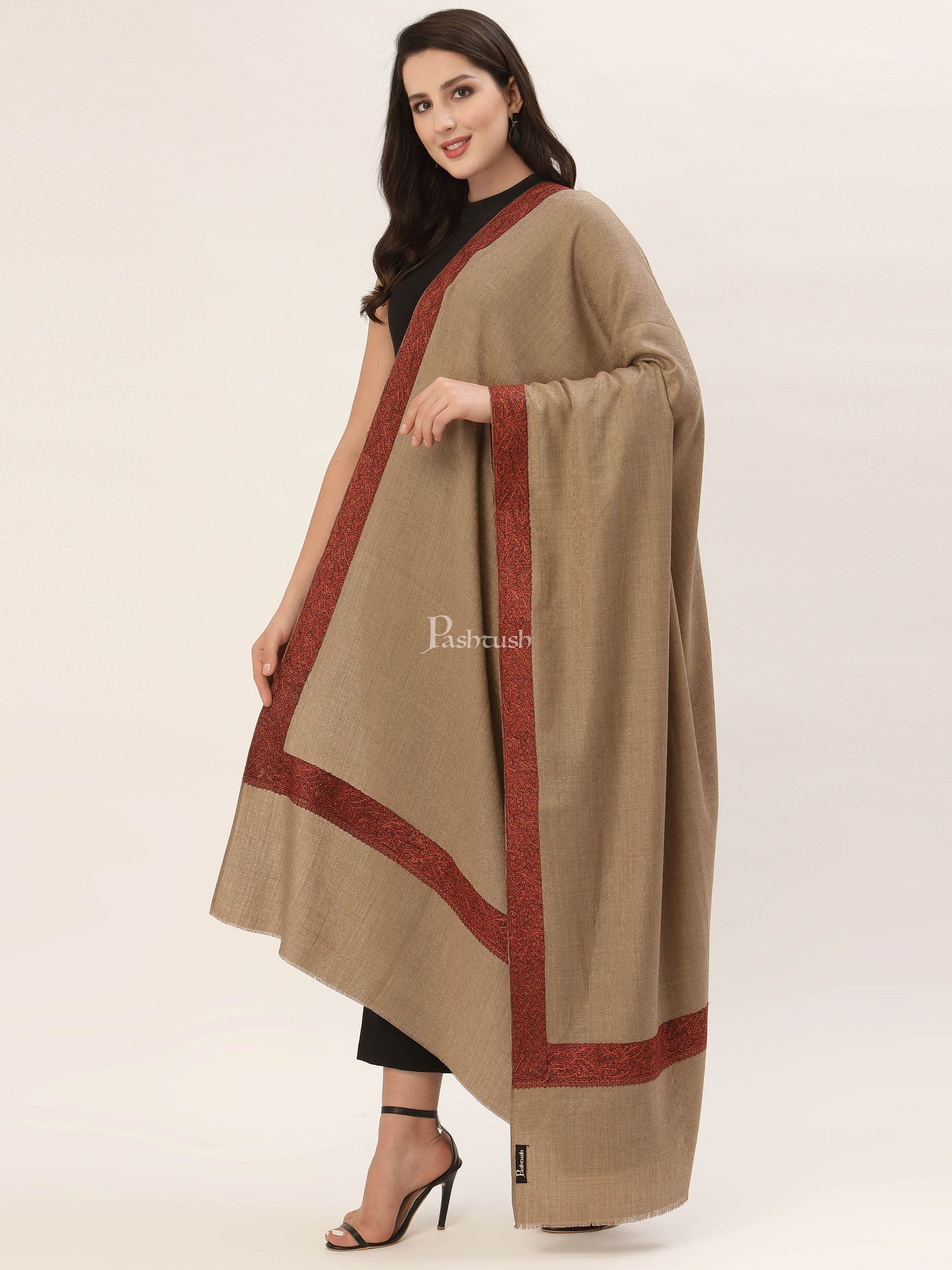 Pashtush India Mens Shawls Gents Shawl Pashtush Womens taupe Embroidery Daur Shawl