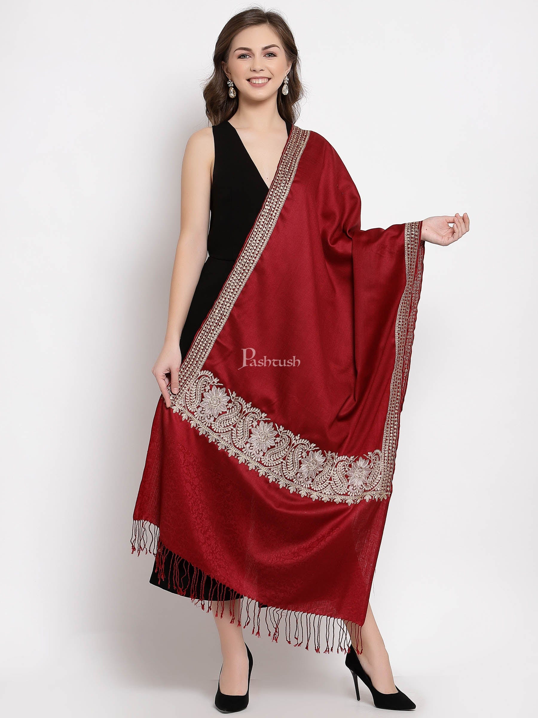 Pashtush India Womens Stoles and Scarves Scarf Pashtush Womens Tilla Work Embroidery Stole, Extra Fine Needlework, Crimson