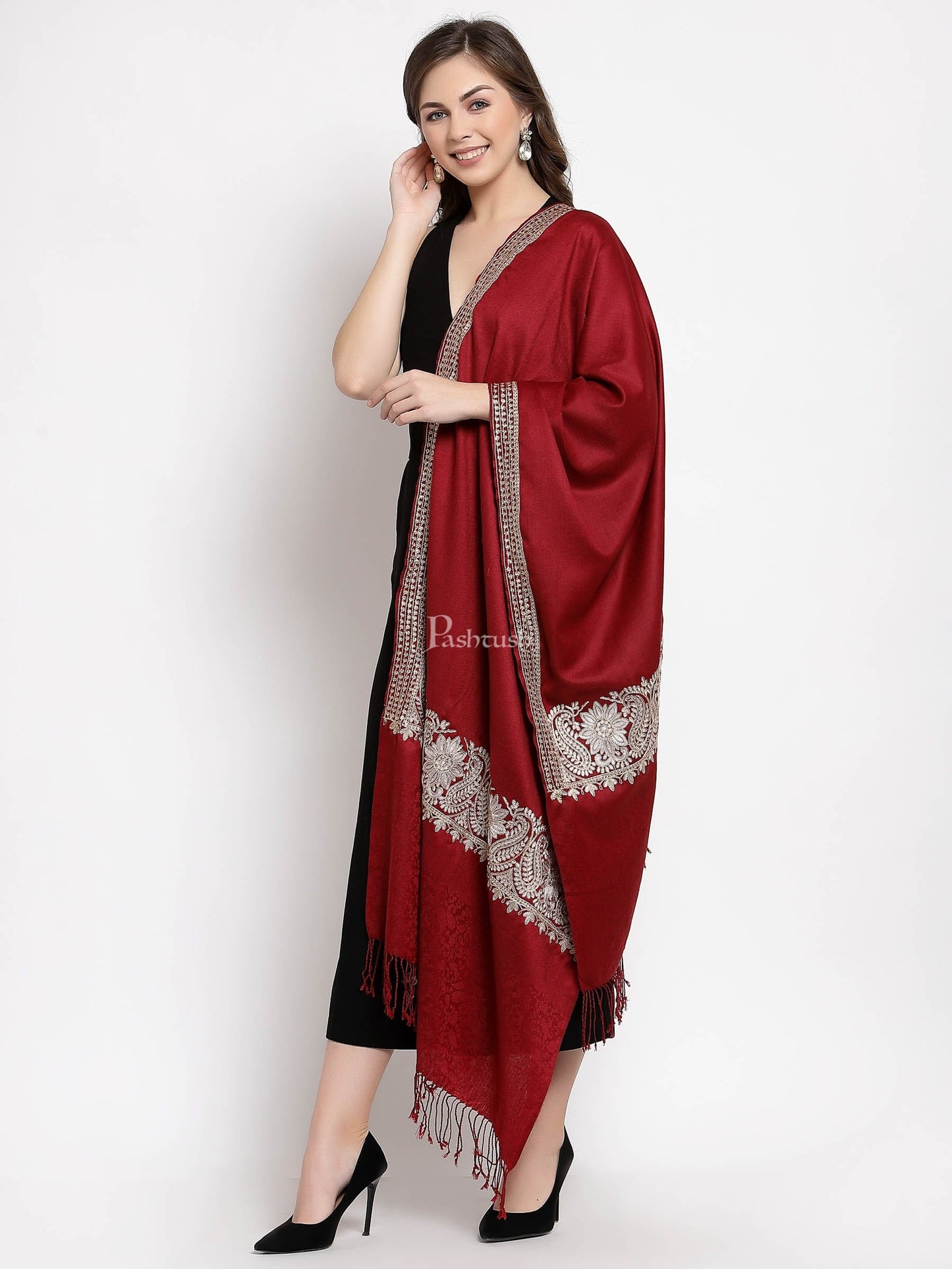 Pashtush India Womens Stoles and Scarves Scarf Pashtush Womens Tilla Work Embroidery Stole, Extra Fine Needlework, Crimson