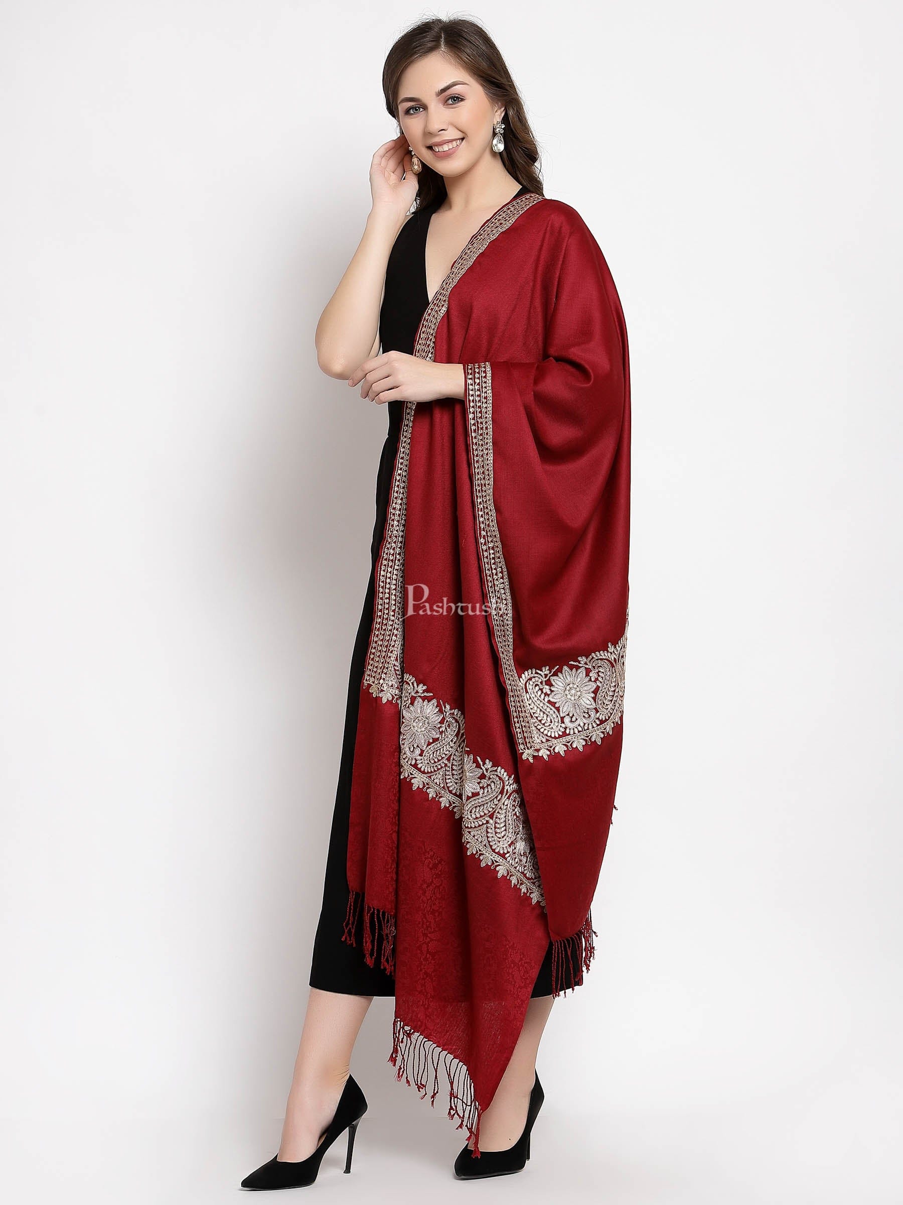 Pashtush India Womens Stoles and Scarves Scarf Pashtush Womens Tilla Work Embroidery Stole, Extra Fine Needlework, Crimson