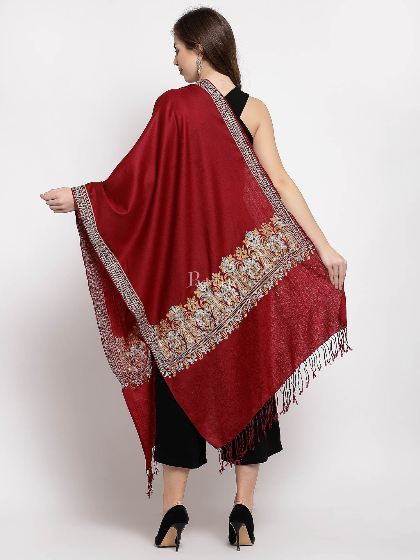 Pashtush India Womens Stoles and Scarves Scarf Pashtush Womens Tilla Work Embroidery Stole, Extra Fine Needlework, Crimson