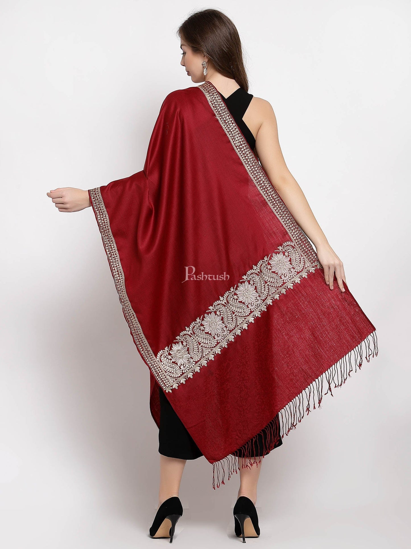 Pashtush India Womens Stoles and Scarves Scarf Pashtush Womens Tilla Work Embroidery Stole, Extra Fine Needlework, Crimson