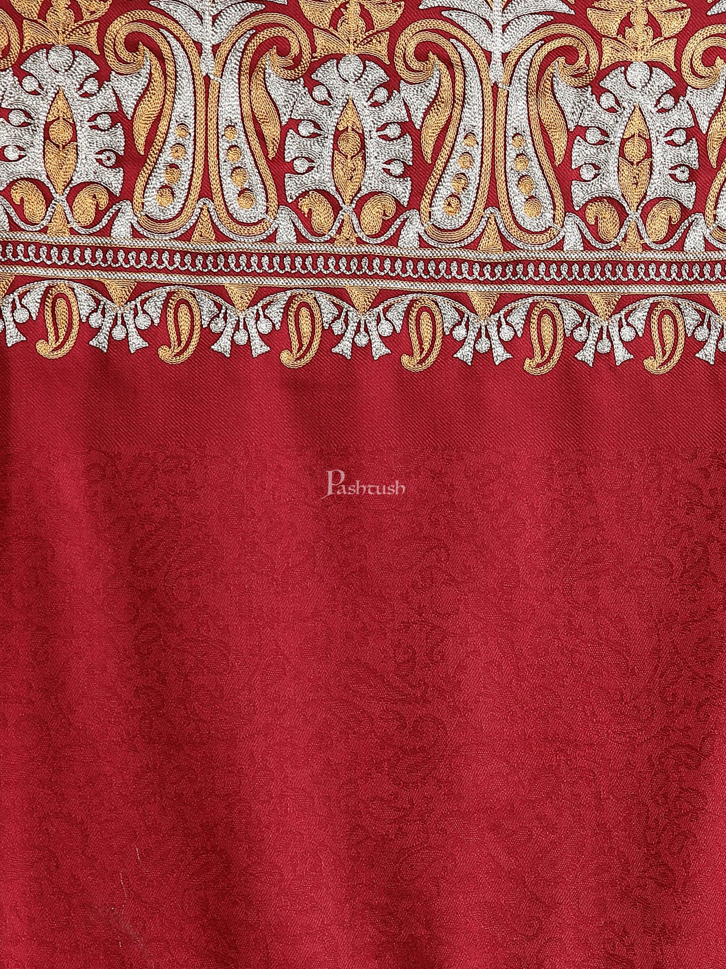 Pashtush India Womens Stoles and Scarves Scarf Pashtush Womens Tilla Work Embroidery Stole, Extra Fine Needlework, Crimson