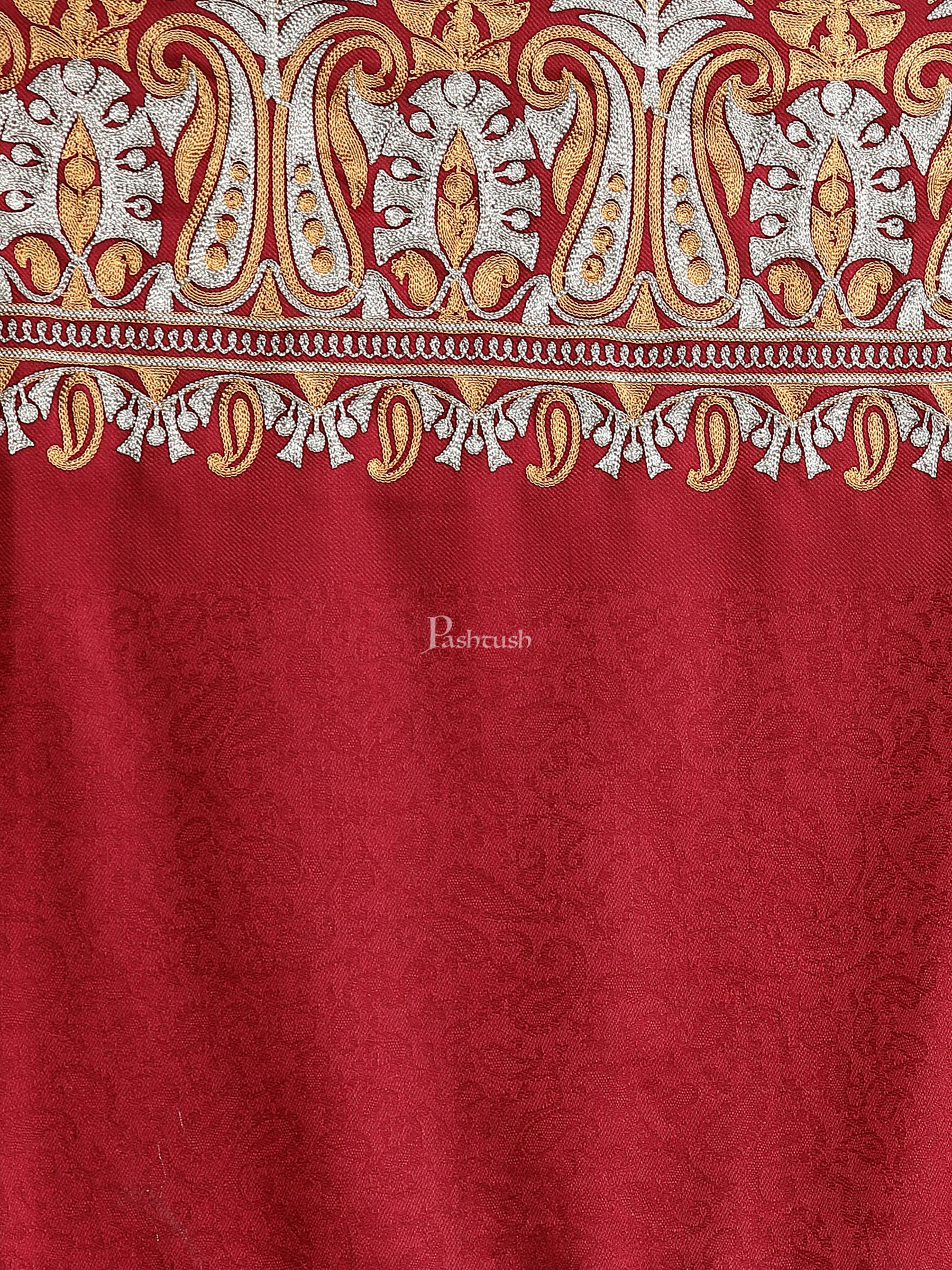 Pashtush India Womens Stoles and Scarves Scarf Pashtush Womens Tilla Work Embroidery Stole, Extra Fine Needlework, Crimson