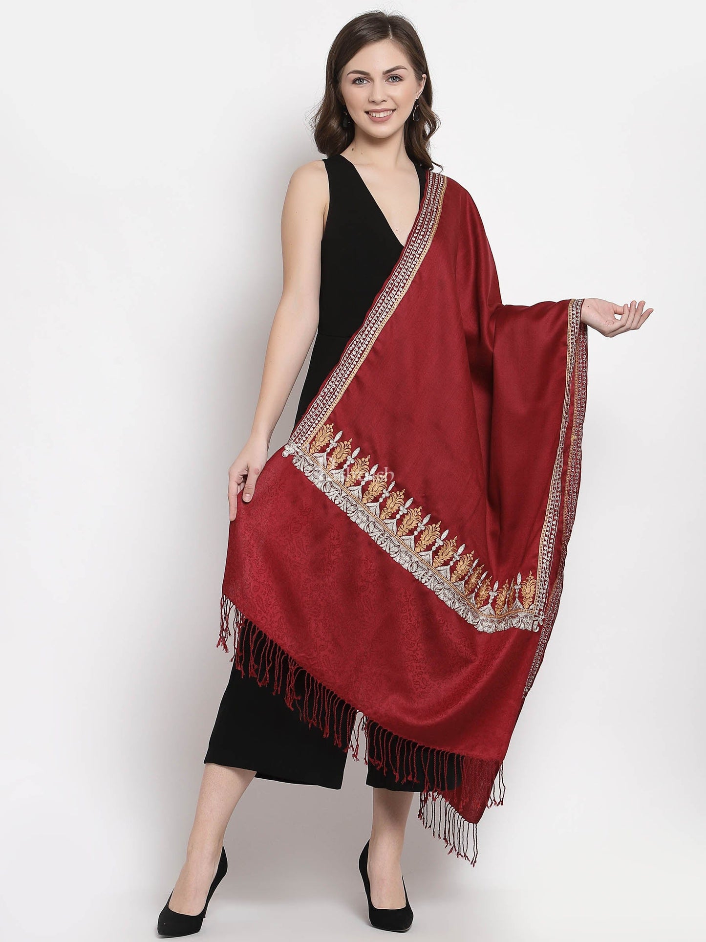 Pashtush India Womens Stoles and Scarves Scarf Pashtush Womens Tilla Work Embroidery Stole, Extra Fine Needlework, Maroon