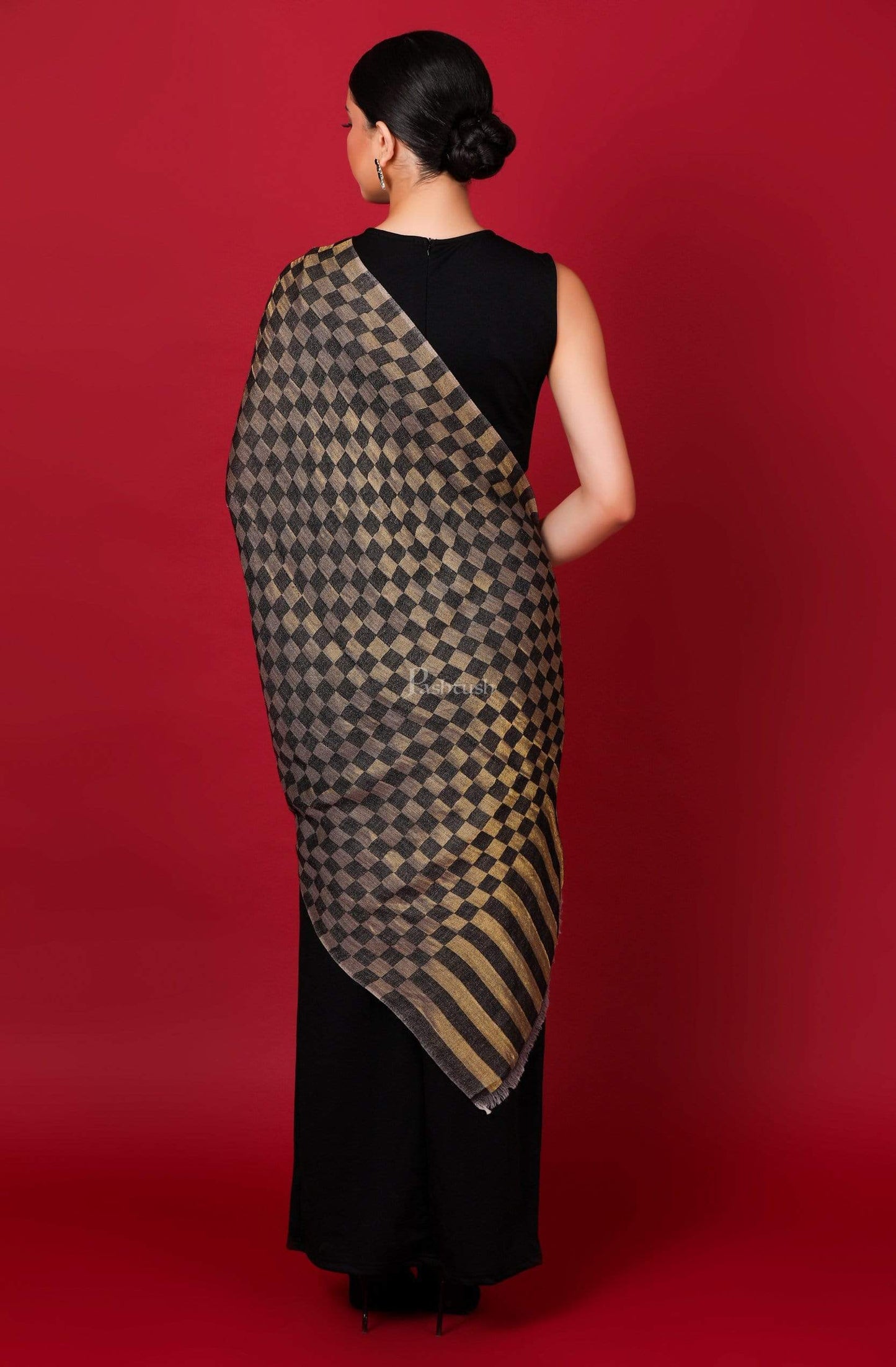 Pashtush India 70x200 Pashtush Womens Twilight Checkered Scarf, With Shimmery Zari thread Weave, Black and Gold