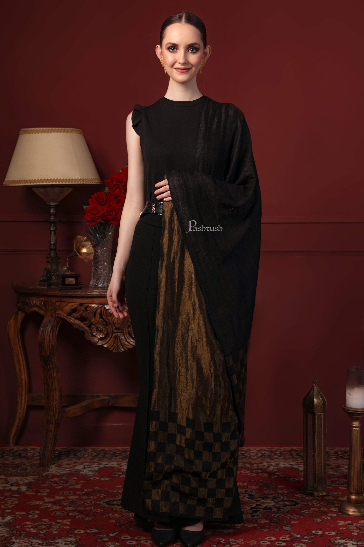 Pashtush India 70x200 Pashtush Womens Twilight Checkered Scarf, With Shimmery Zari thread Weave, Black and Gold