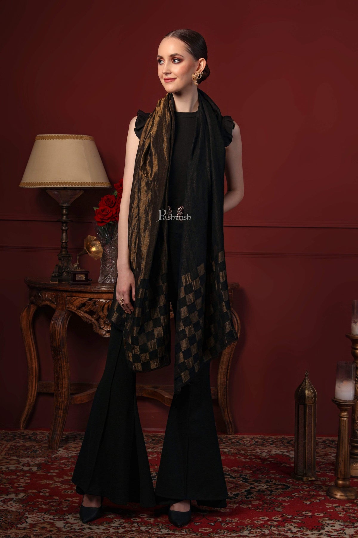 Pashtush India 70x200 Pashtush Womens Twilight Checkered Scarf, With Shimmery Zari thread Weave, Black and Gold