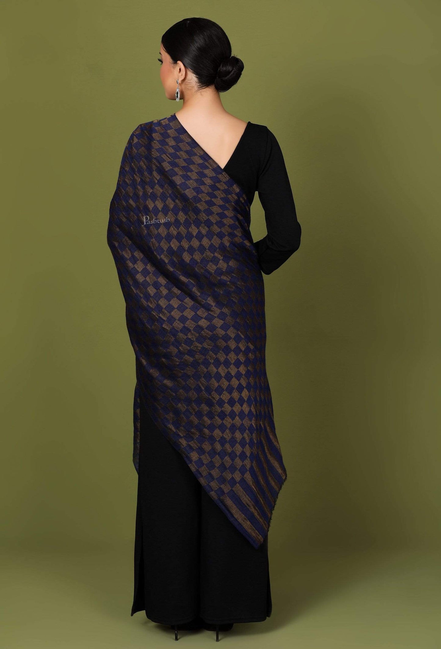 Pashtush Shawl Store Stole Pashtush Womens Twilight Checkered Scarf, With Shimmery Zari thread Weave, Blue and Golden