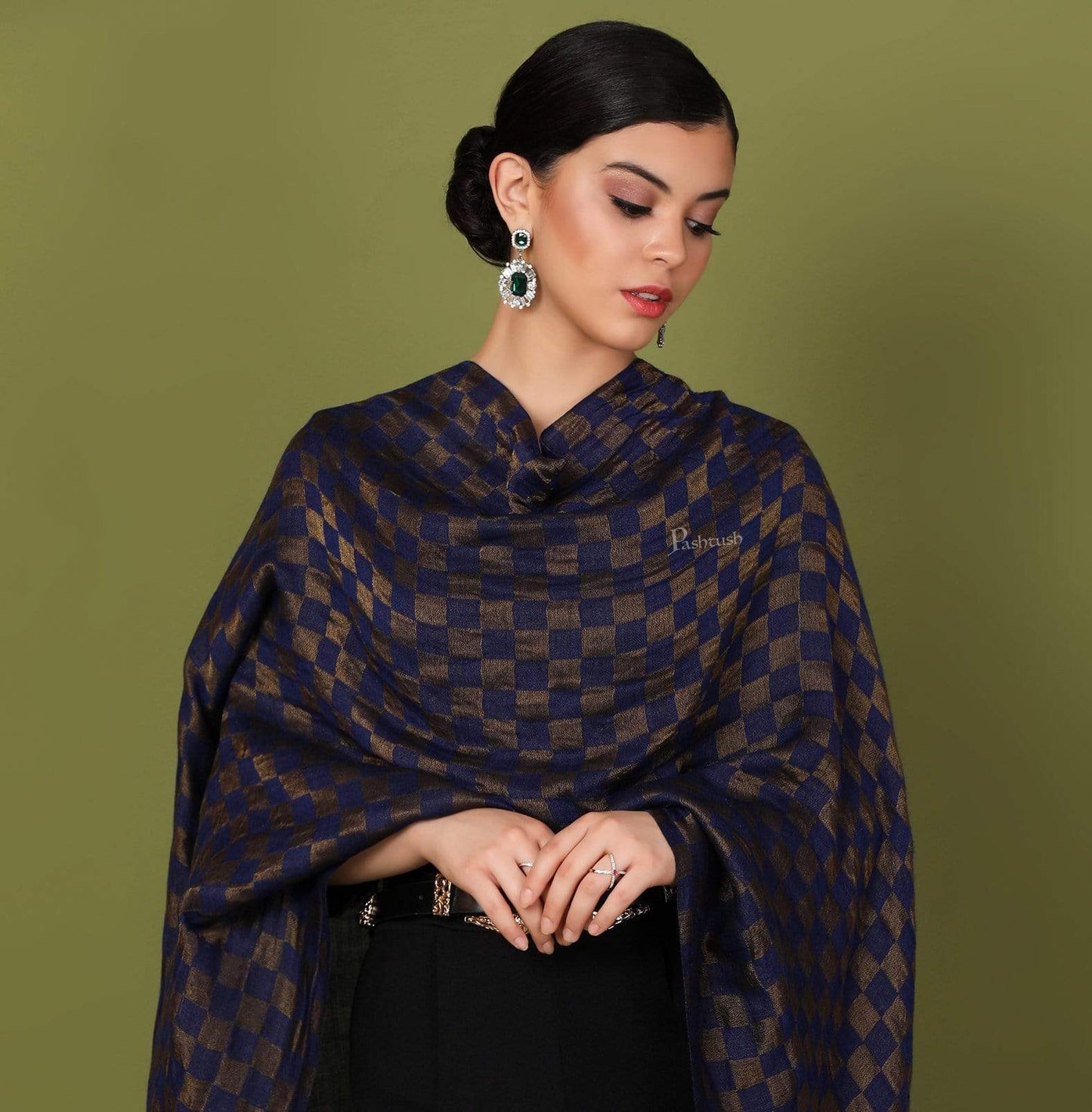 Pashtush Shawl Store Stole Pashtush Womens Twilight Checkered Scarf, With Shimmery Zari thread Weave, Blue and Golden