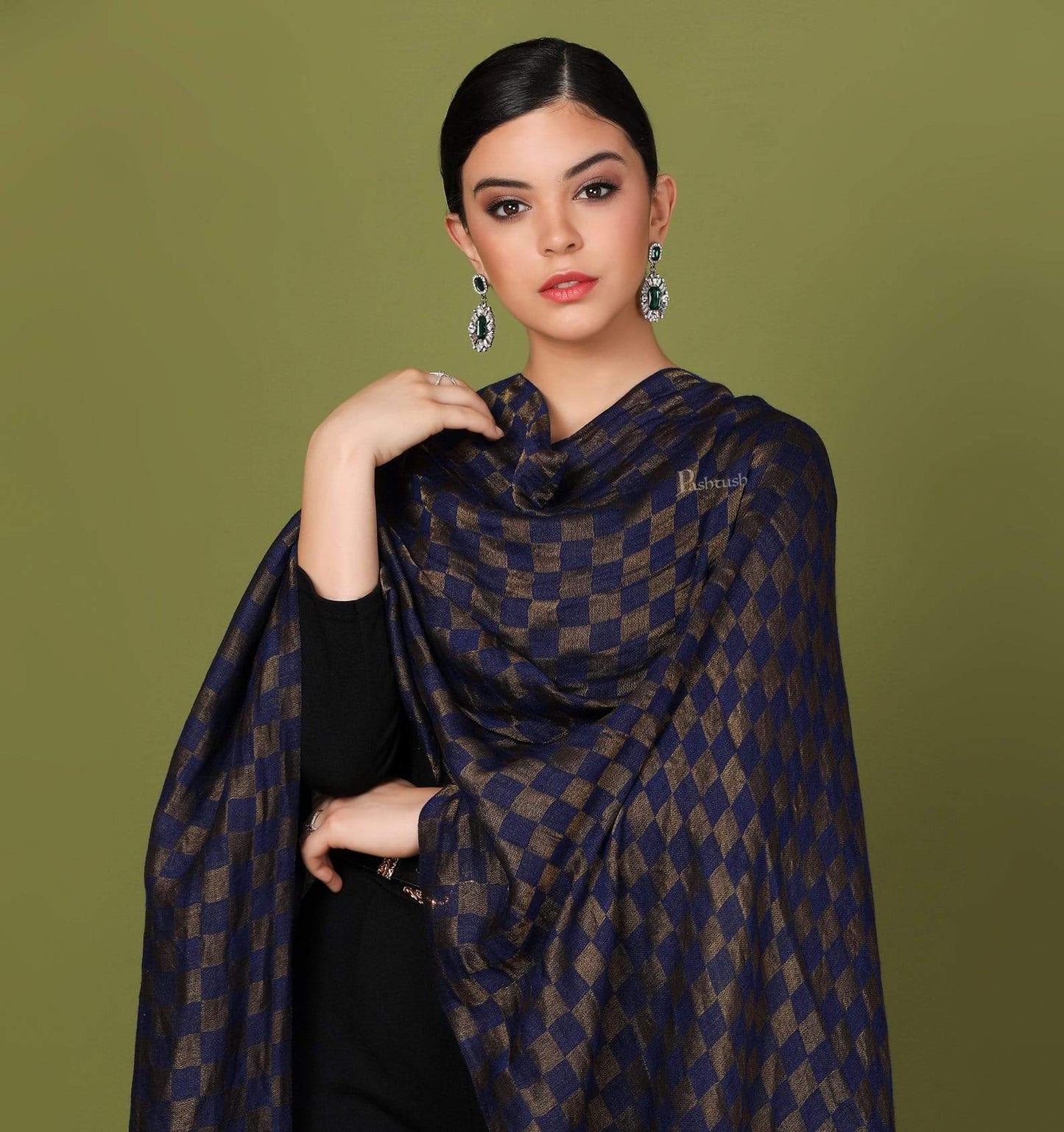 Pashtush Shawl Store Stole Pashtush Womens Twilight Checkered Scarf, With Shimmery Zari thread Weave, Blue and Golden