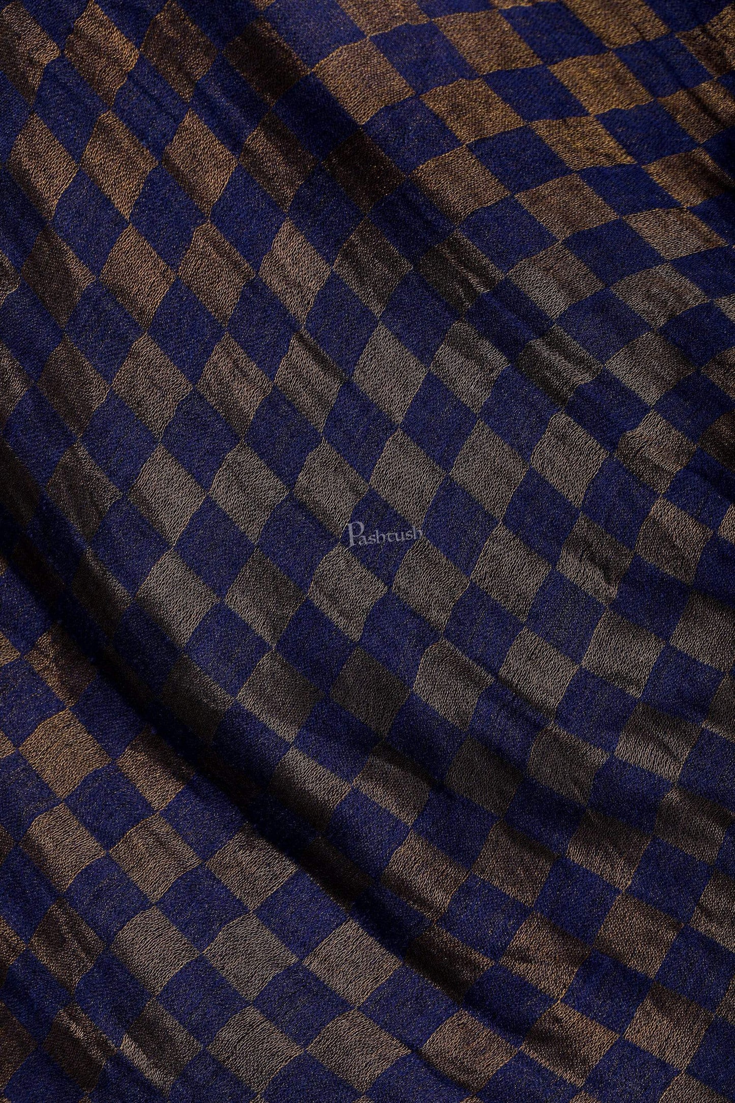 Pashtush Shawl Store Stole Pashtush Womens Twilight Checkered Scarf, With Shimmery Zari thread Weave, Blue and Golden