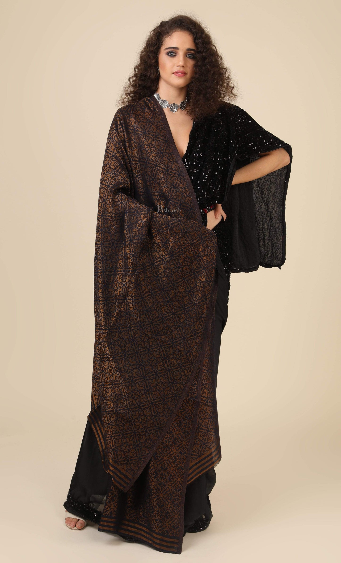 Pashtush India 70x200 Pashtush Womens Twilight Collection, Jacquard Stole, With Metallic Thread Weave, Fine Wool