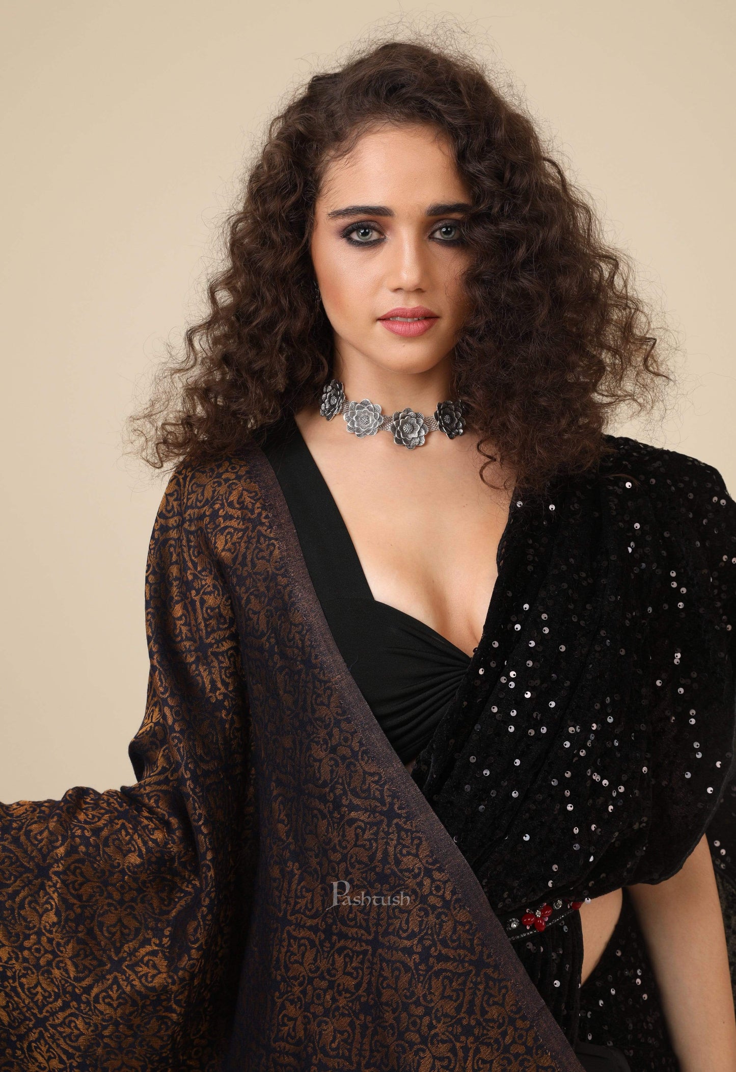 Pashtush India 70x200 Pashtush Womens Twilight Collection, Jacquard Stole, With Metallic Thread Weave, Fine Wool