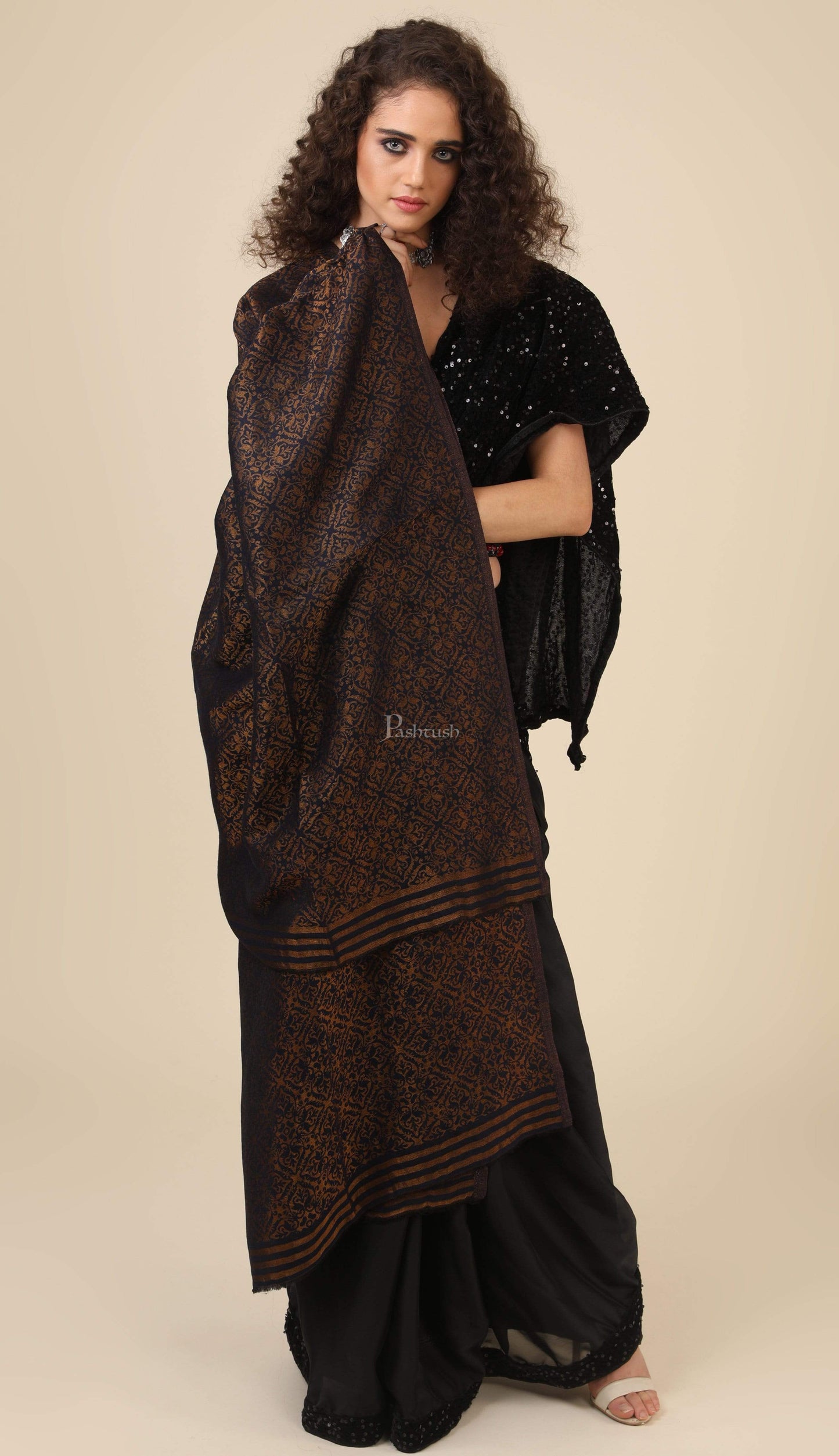 Pashtush India 70x200 Pashtush Womens Twilight Collection, Jacquard Stole, With Metallic Thread Weave, Fine Wool