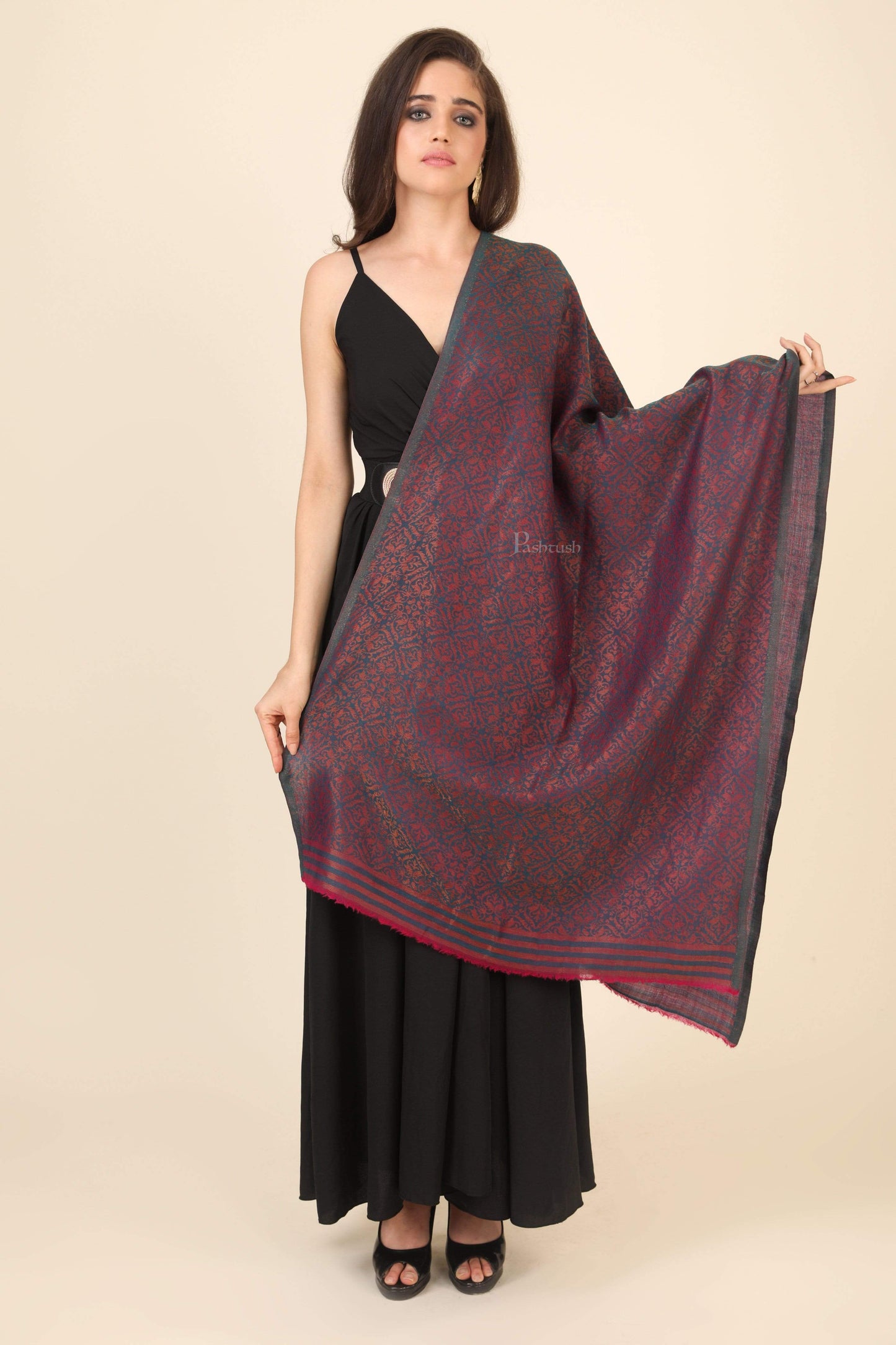 Pashtush India 70x200 Pashtush Womens Twilight Collection, Jacquard Stole, With Metallic Thread Weave, Fine Wool