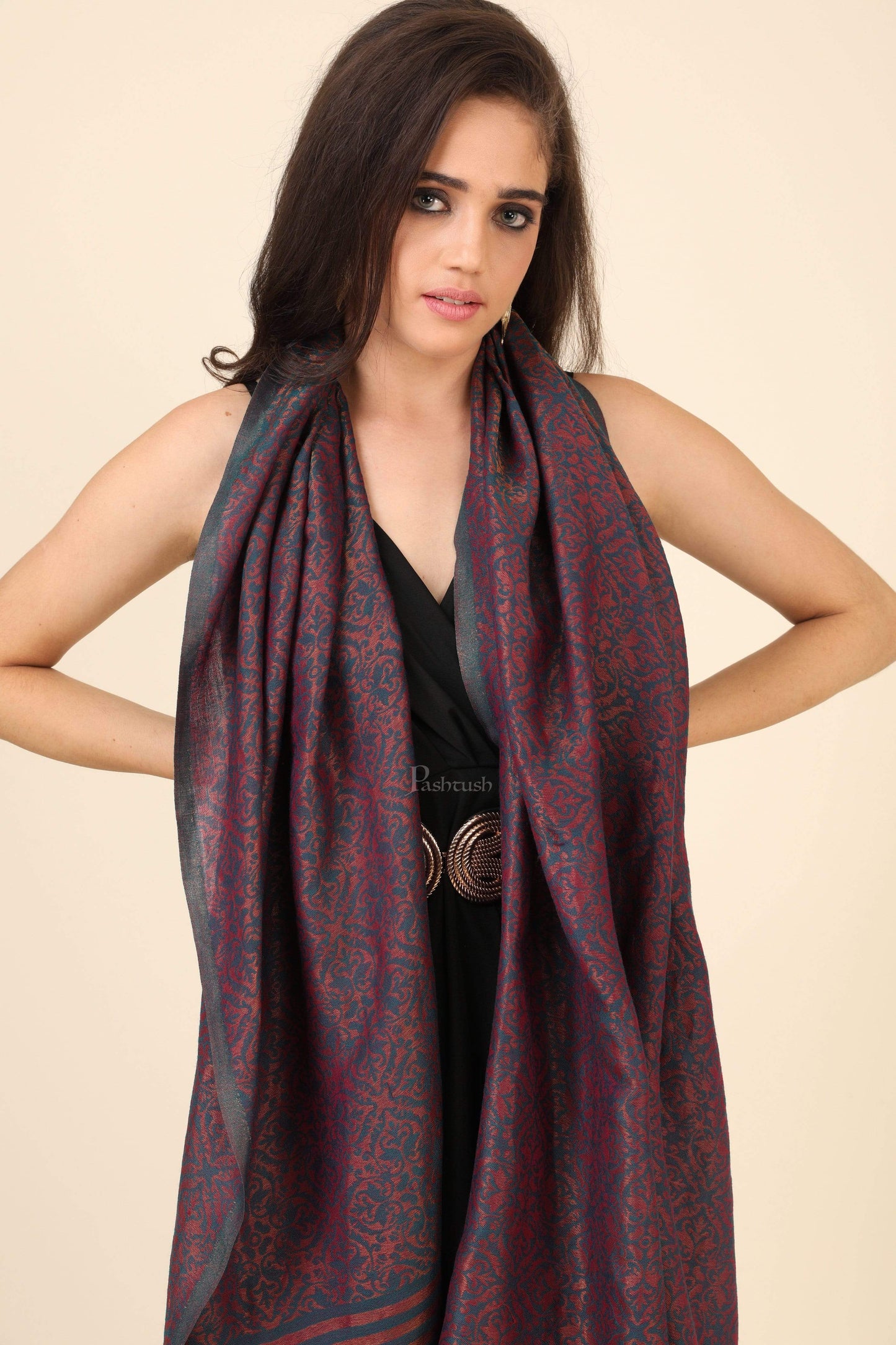 Pashtush India 70x200 Pashtush Womens Twilight Collection, Jacquard Stole, With Metallic Thread Weave, Fine Wool