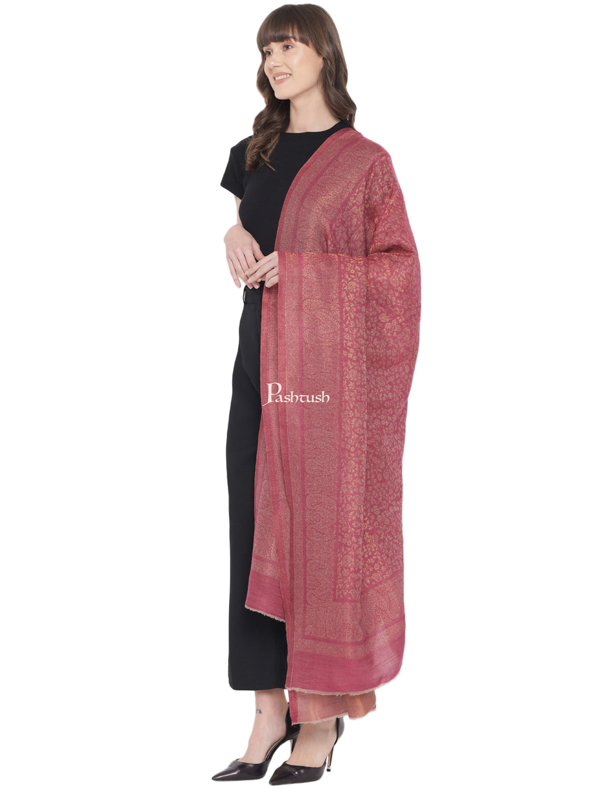 Pashtush India Womens Stoles and Scarves Scarf Pashtush Womens Twilight Collection Stole, With Metallic Weave, Fine Wool, Rose Maroon