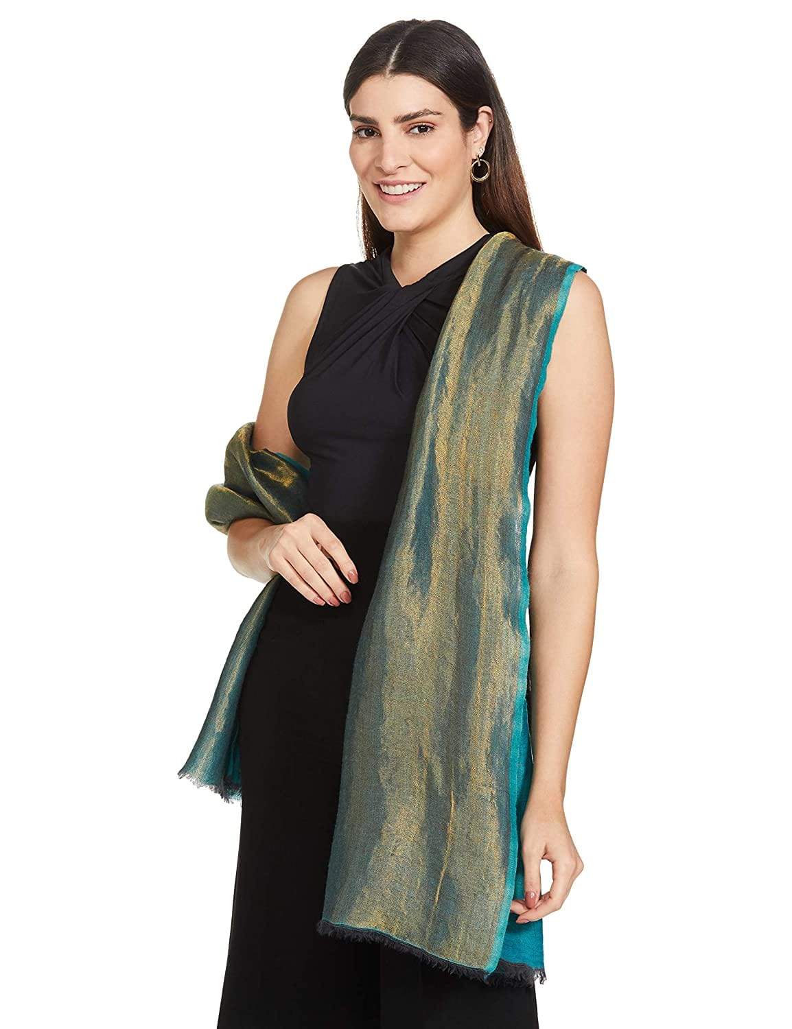 Pashtush India 70x200 Pashtush Womens Twilight Scarf, Reversible Golden Weave, Aqua Blue And Gold