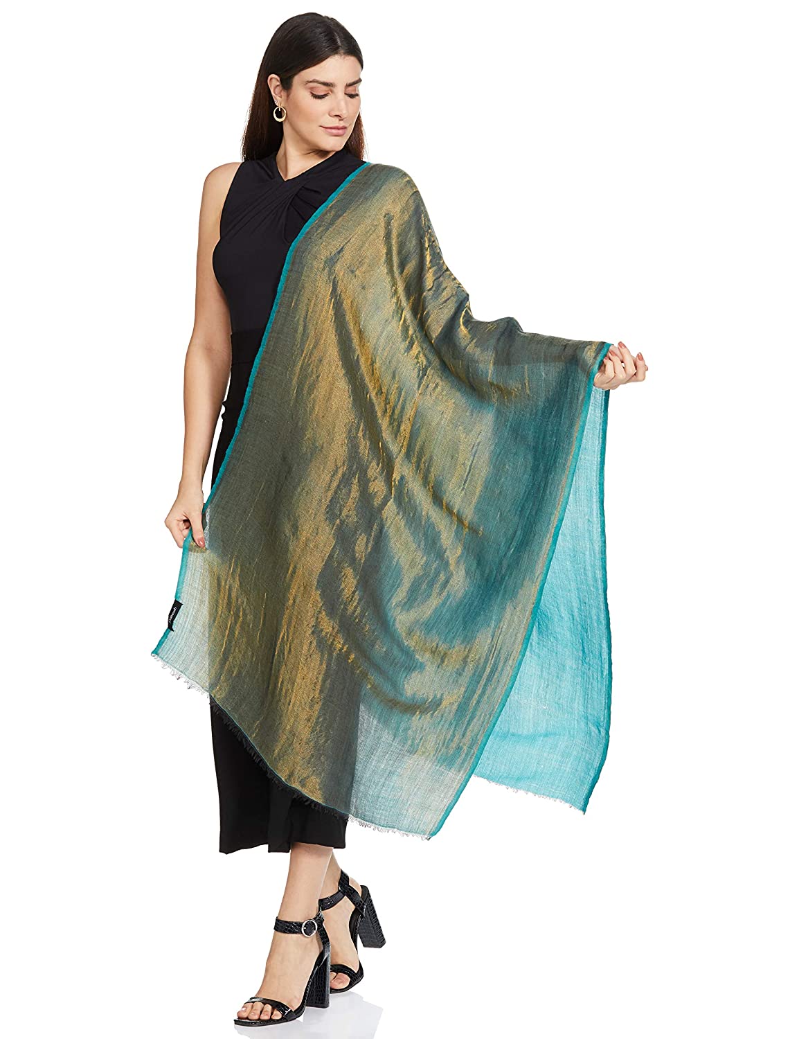 Pashtush India 70x200 Pashtush Womens Twilight Scarf, Reversible Golden Weave, Aqua Blue And Gold