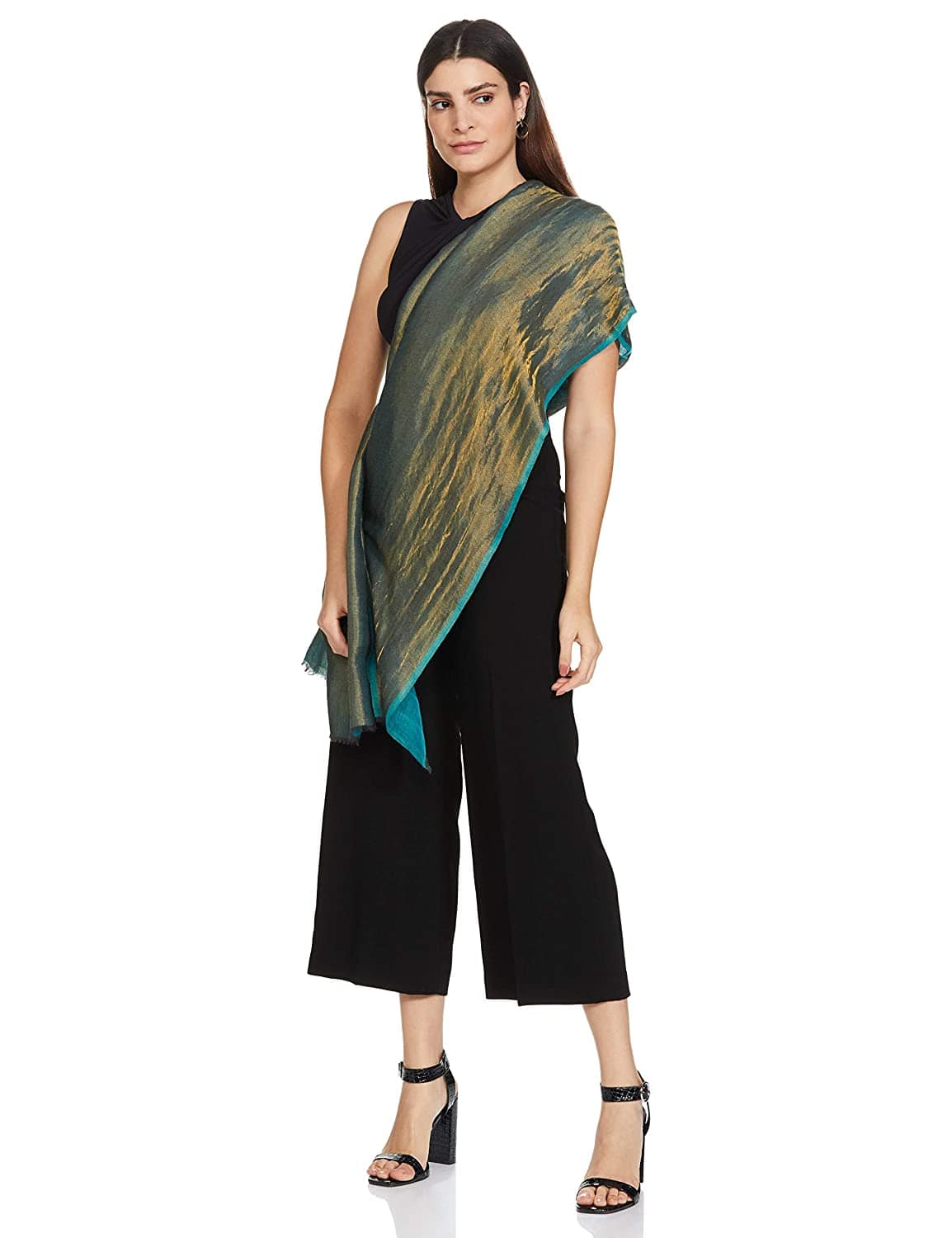 Pashtush India 70x200 Pashtush Womens Twilight Scarf, Reversible Golden Weave, Aqua Blue And Gold