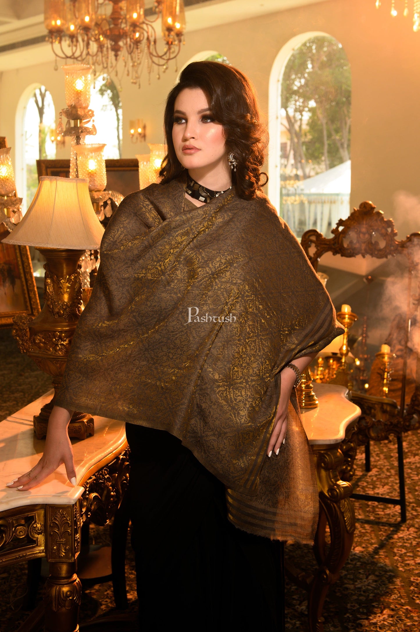 Pashtush India Womens Stoles and Scarves Scarf Pashtush Womens Twilight Scarf, Reversible Scarf, Cashmere Blended Soft Wool, Taupe