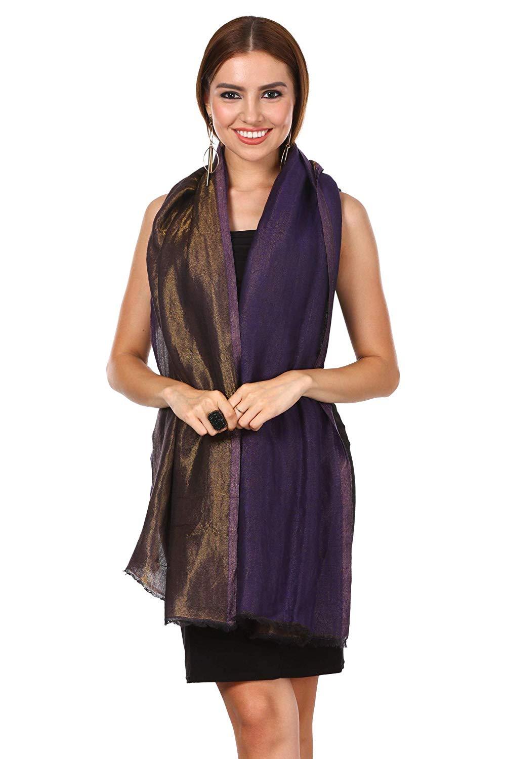 Pashtush Womens Twilight Metallic Zari Scarf, Reversible Wool Soft Violet