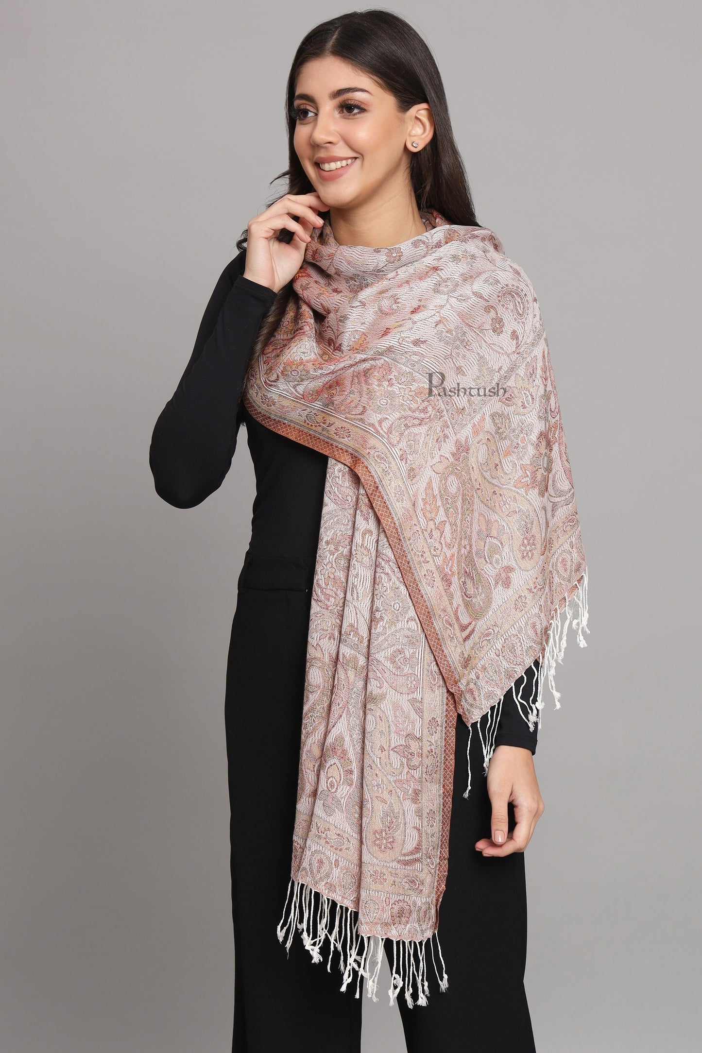 Pashtush India Womens Stoles and Scarves Scarf Pashtush Womens Velvet Stole, Pasiley Design, Emily Ivory