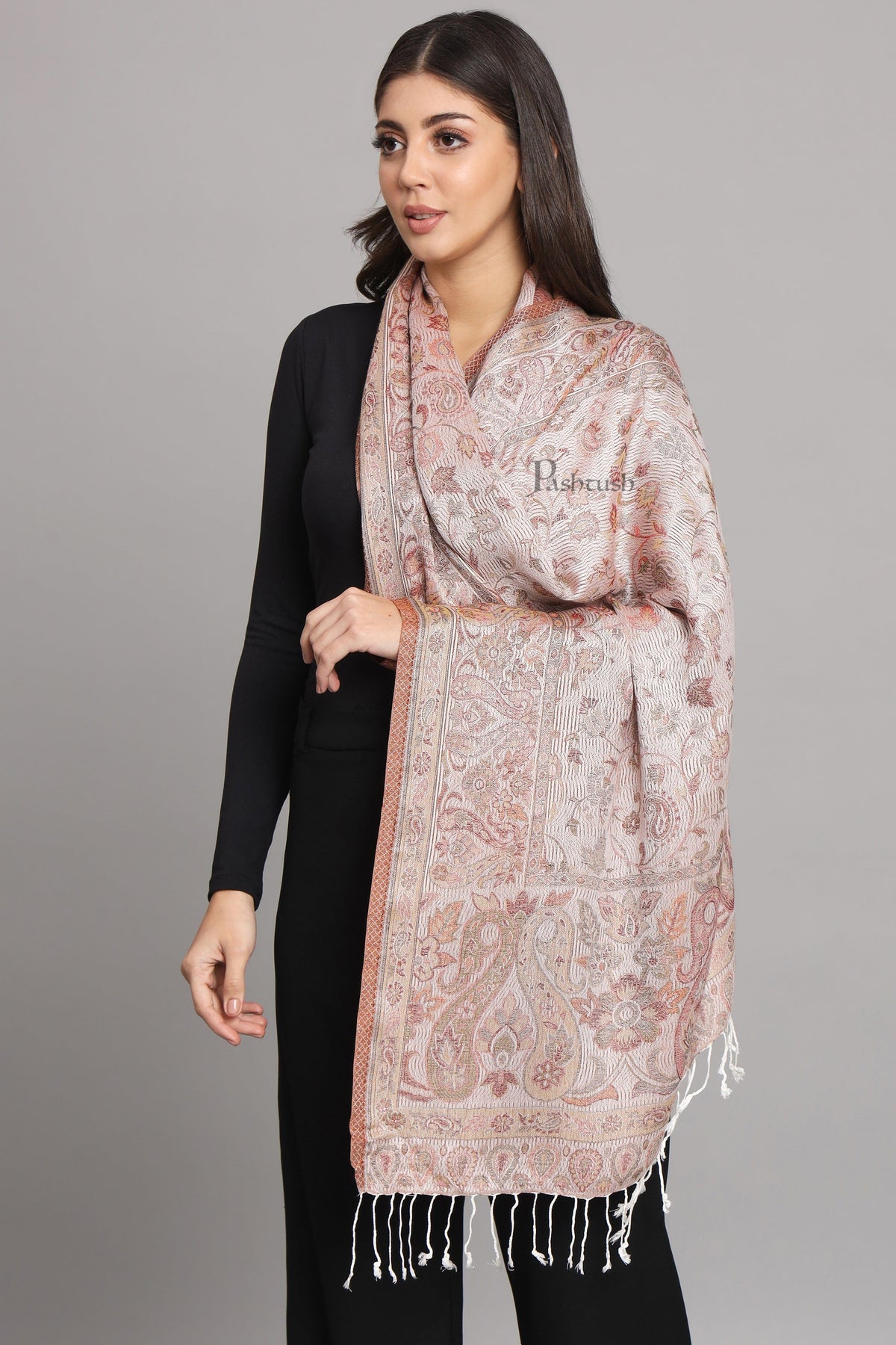 Pashtush India Womens Stoles and Scarves Scarf Pashtush Womens Velvet Stole, Pasiley Design, Emily Ivory