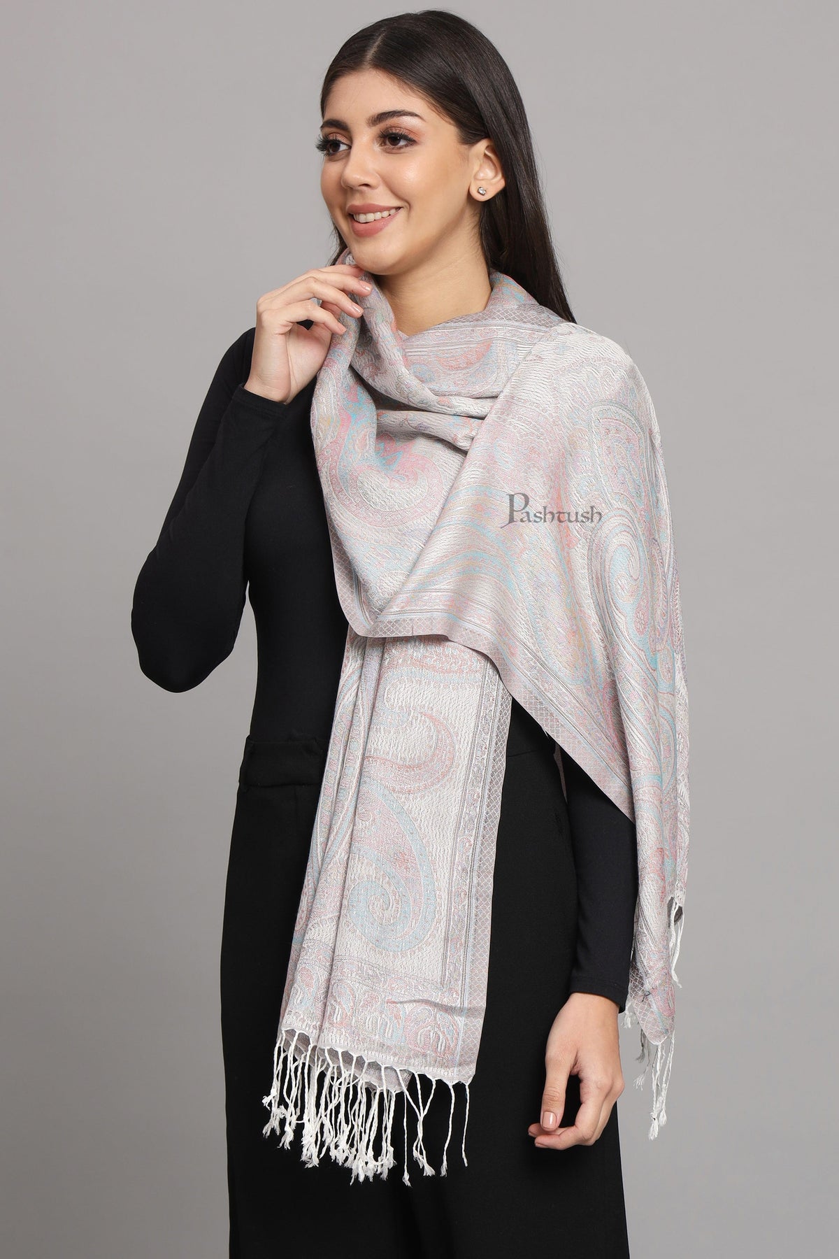 Pashtush India Womens Stoles and Scarves Scarf Pashtush Womens Viscose Stole, Pasiley Design, Emily Ivory