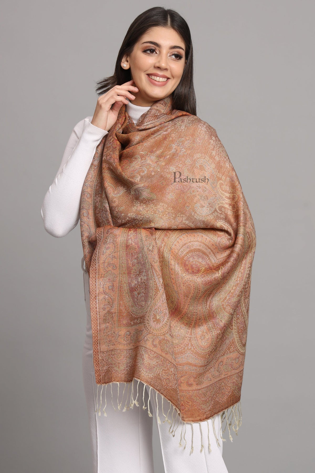 Pashtush India Womens Stoles and Scarves Scarf Pashtush Womens Viscose Stole, Pasiley Design, Emily Ivory