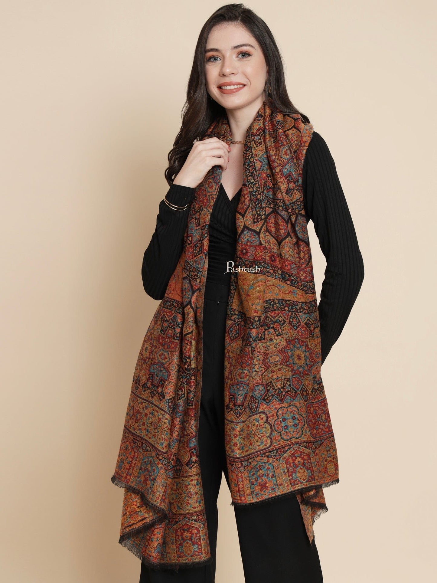 Pashtush India Womens Shawls Pashtush Womens Womens, 100% Pure Wool With Woolmark Certificate, Aztec Rich Garden Aesthetic Woven, Black