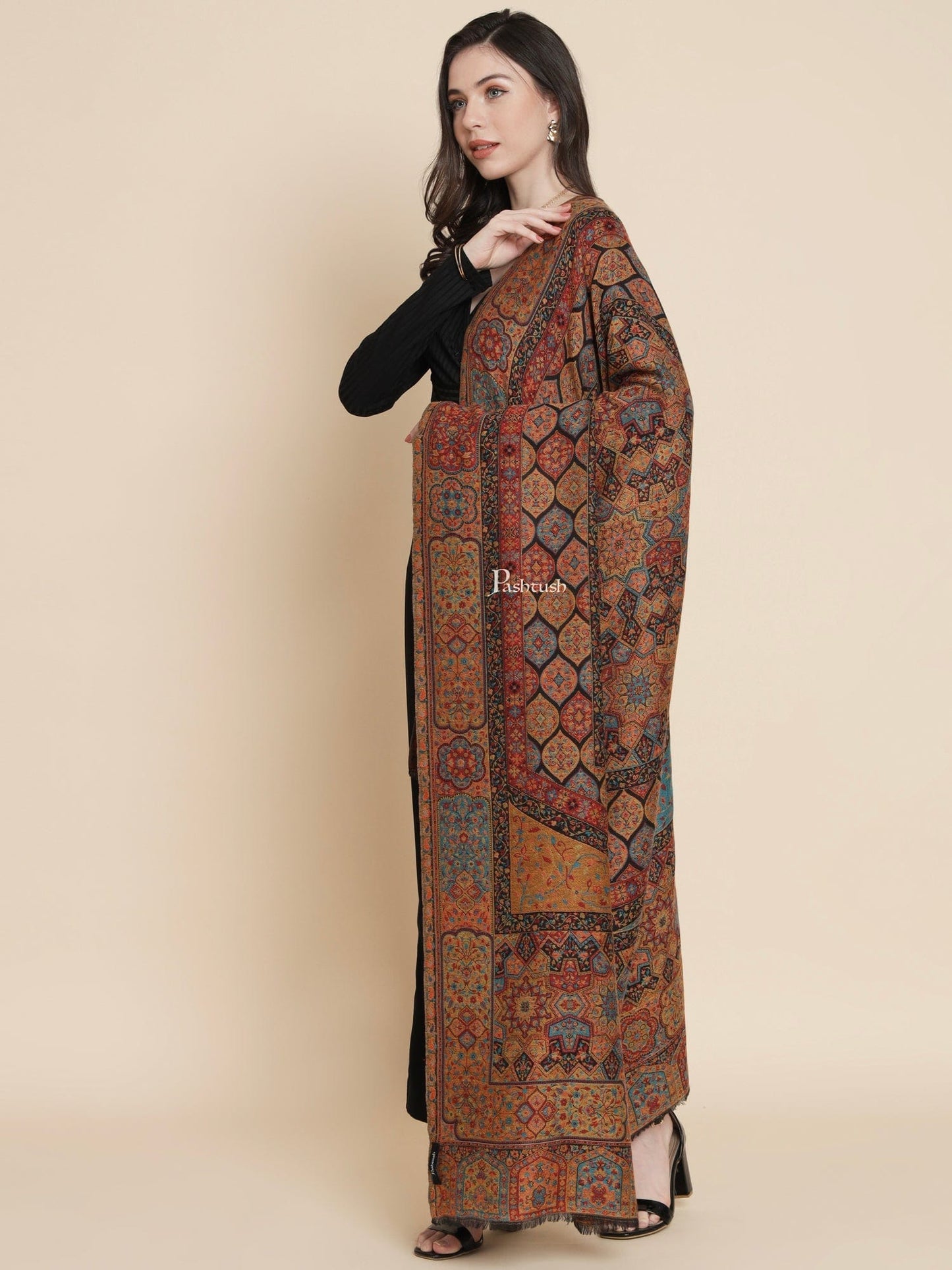 Pashtush India Womens Shawls Pashtush Womens Womens, 100% Pure Wool With Woolmark Certificate, Aztec Rich Garden Aesthetic Woven, Black