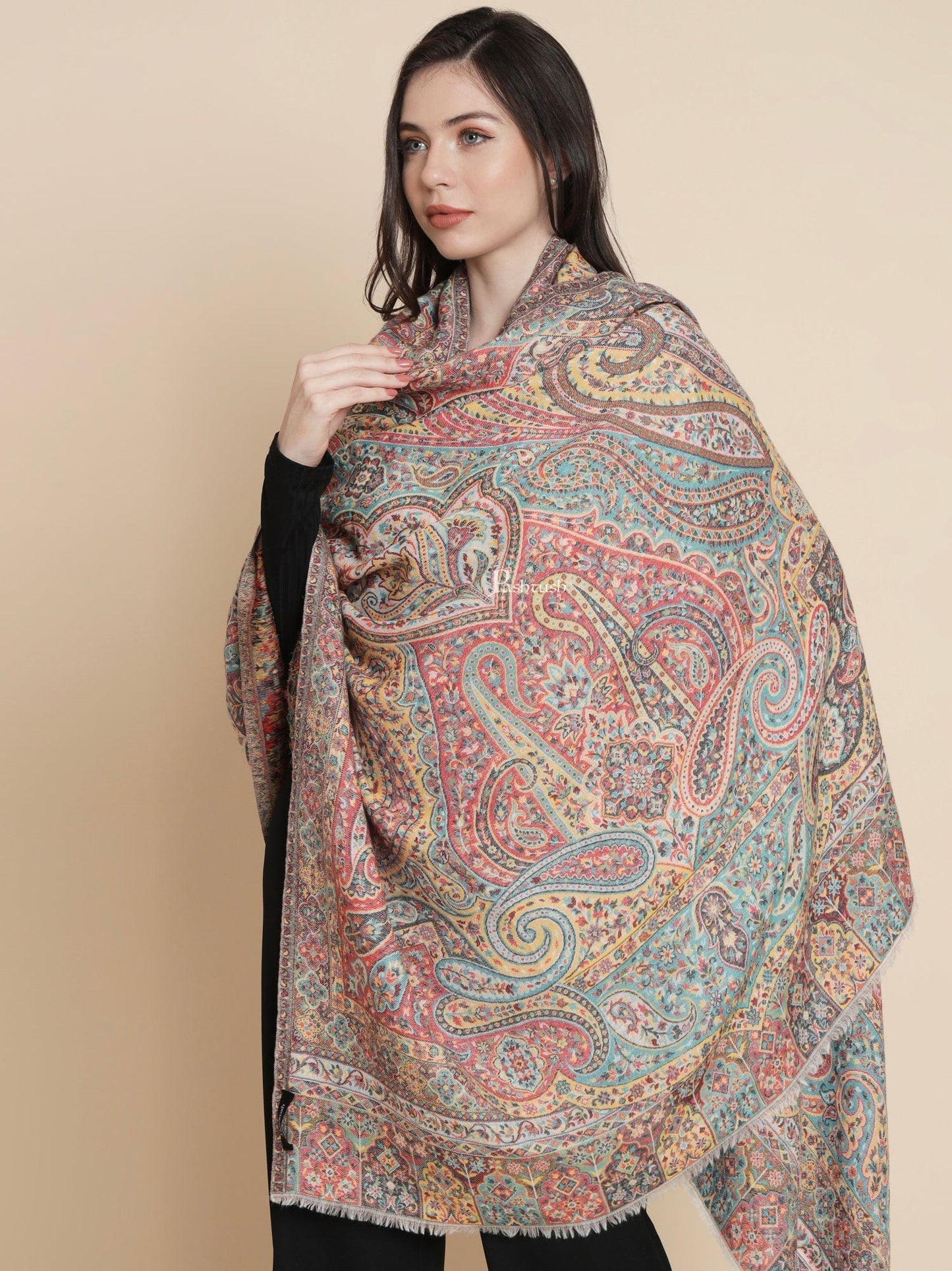 Pashtush India Womens Shawls Pashtush Womens Womens, 100% Pure Wool With Woolmark Certificate, Paisley Antique Jamawar Woven, Ivory