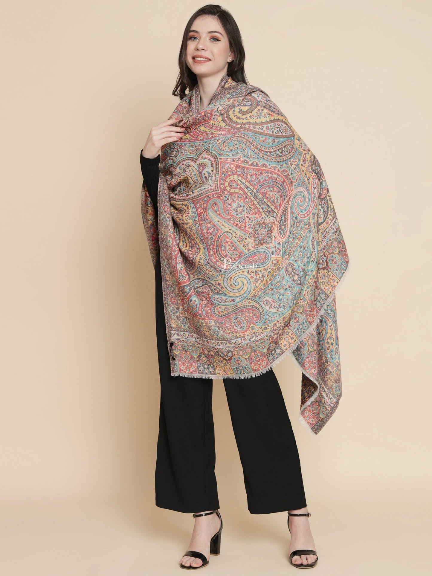 Pashtush India Womens Shawls Pashtush Womens Womens, 100% Pure Wool With Woolmark Certificate, Paisley Antique Jamawar Woven, Ivory